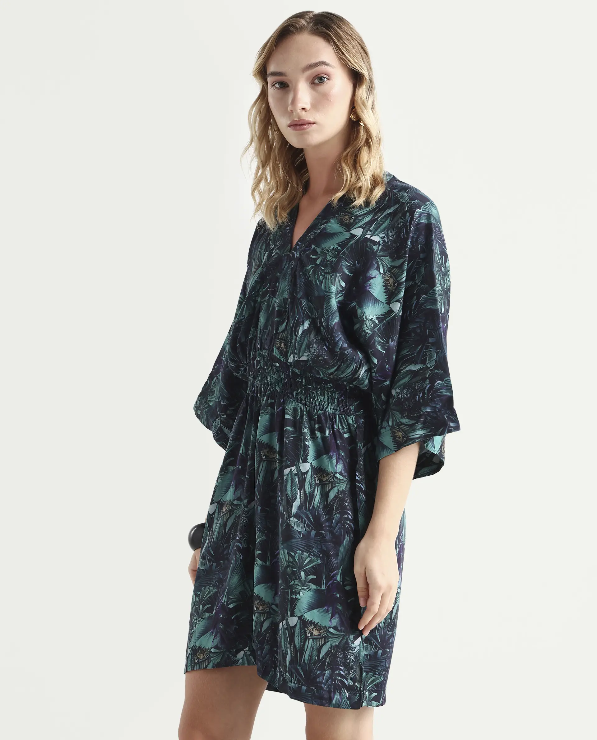 Rareism Women's Cimbo Dark Multi Cotton Blend V-Neck Tropical Print Extended Sleeves Mini Relaxed Fit Playsuit - Image 5