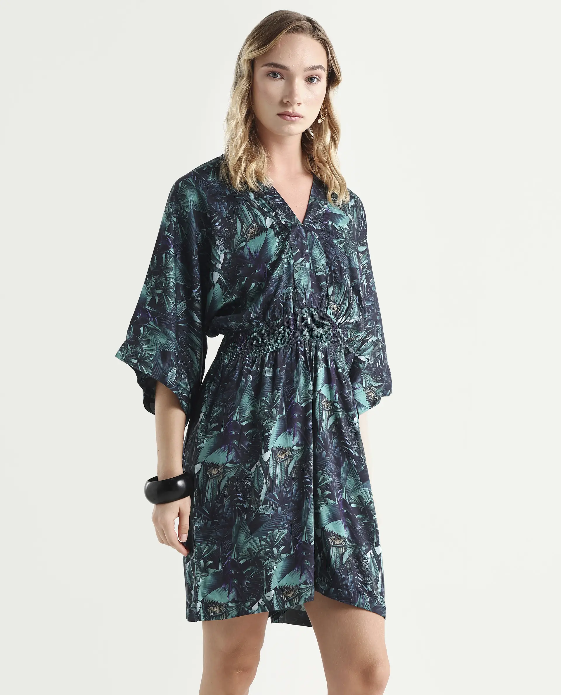 Rareism Women's Cimbo Dark Multi Cotton Blend V-Neck Tropical Print Extended Sleeves Mini Relaxed Fit Playsuit - Image 6