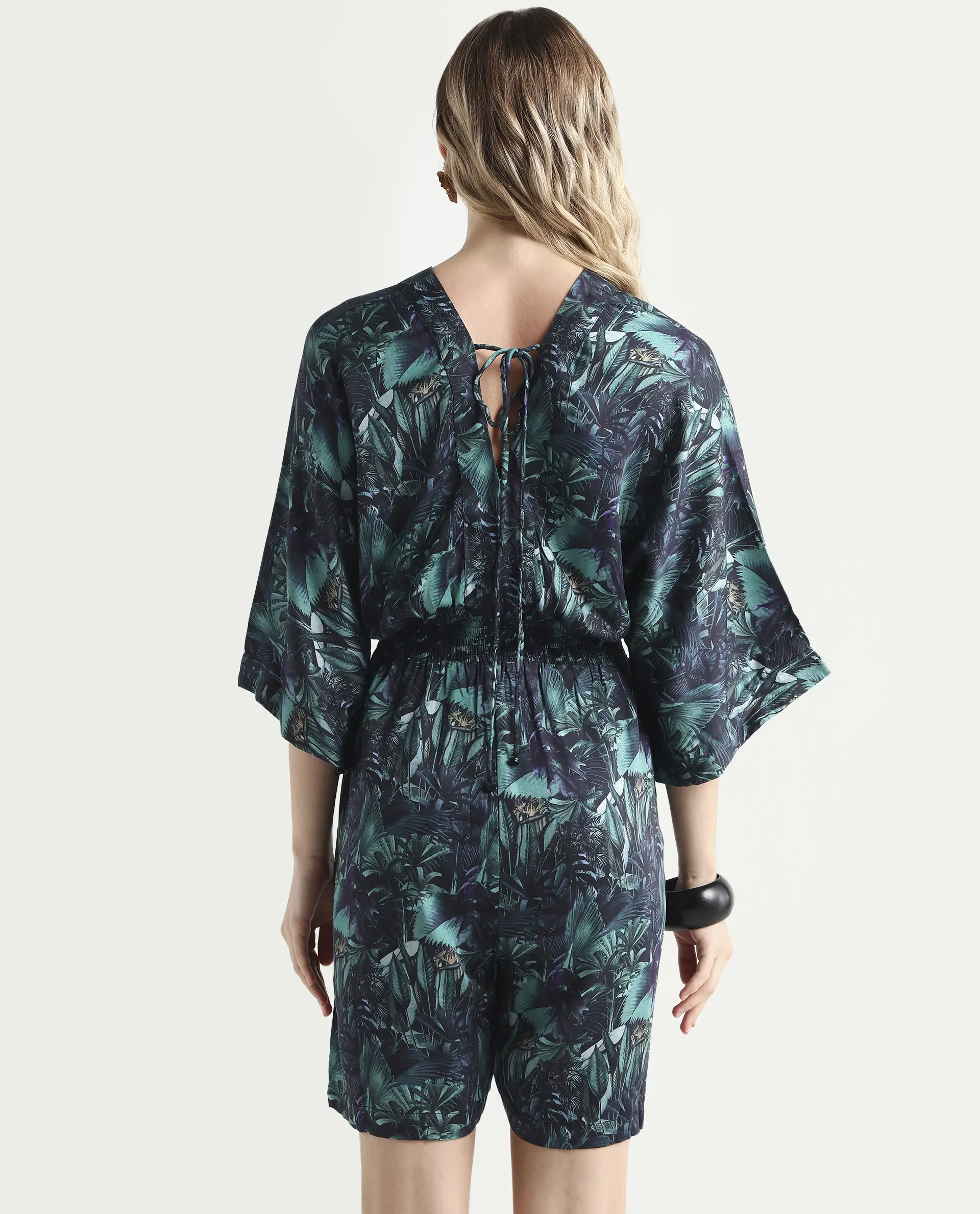 Rareism Women's Cimbo Dark Multi Cotton Blend V-Neck Tropical Print Extended Sleeves Mini Relaxed Fit Playsuit - Image 7