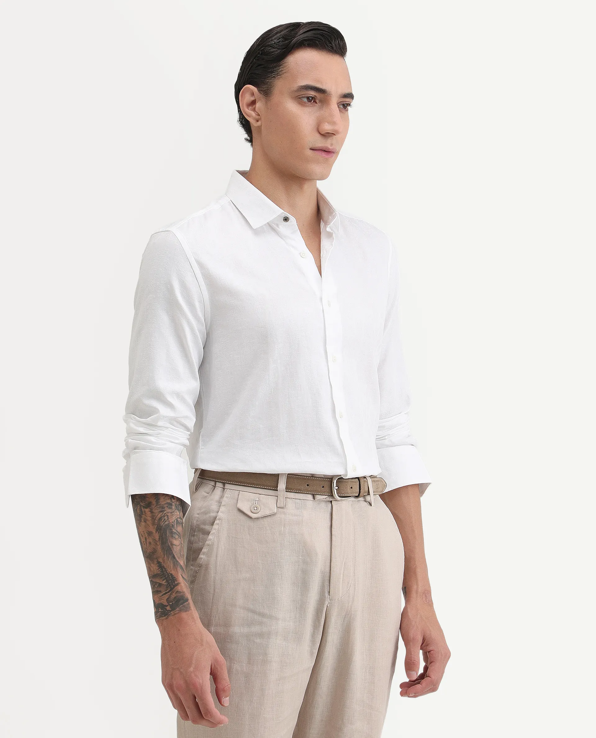 Rare Rabbit Men's Cina White Cotton Jacquard Regular Fit Full Sleeve Spread Collar Shirt - Image 4