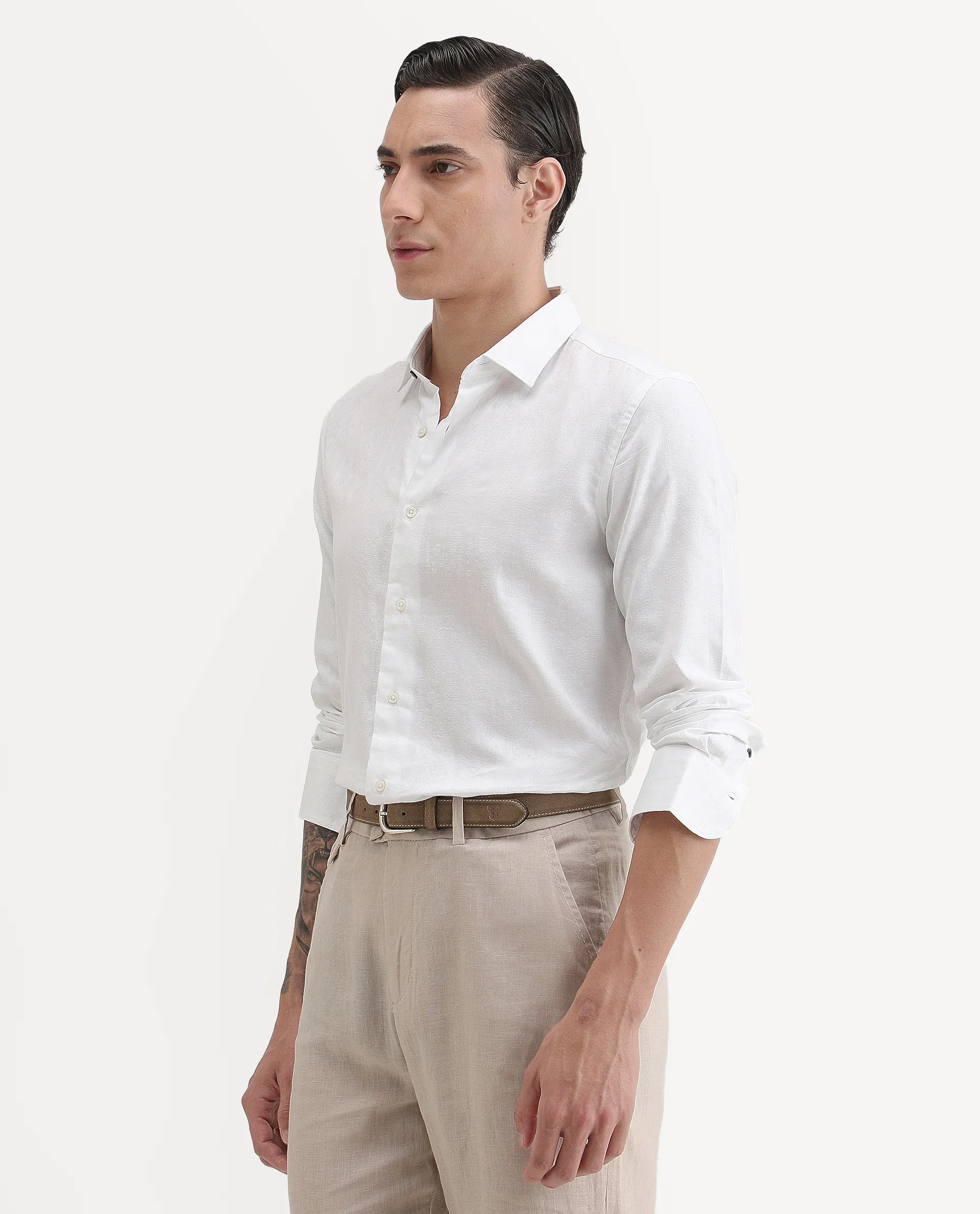 Rare Rabbit Men's Cina White Cotton Jacquard Regular Fit Full Sleeve Spread Collar Shirt - Image 5