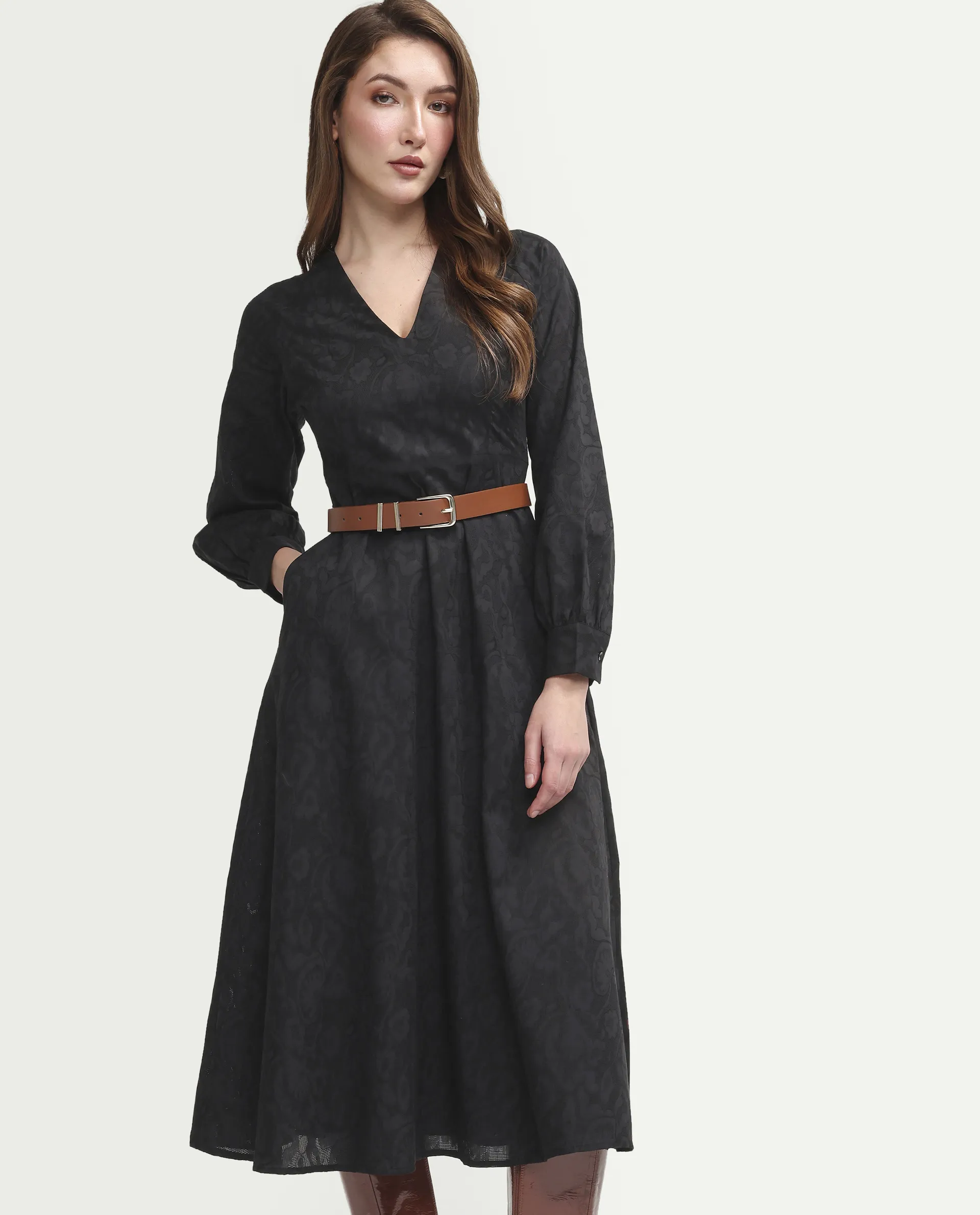 Rareism Women's Cinda Black Cotton Full Sleeve Flared Jacquard Dress