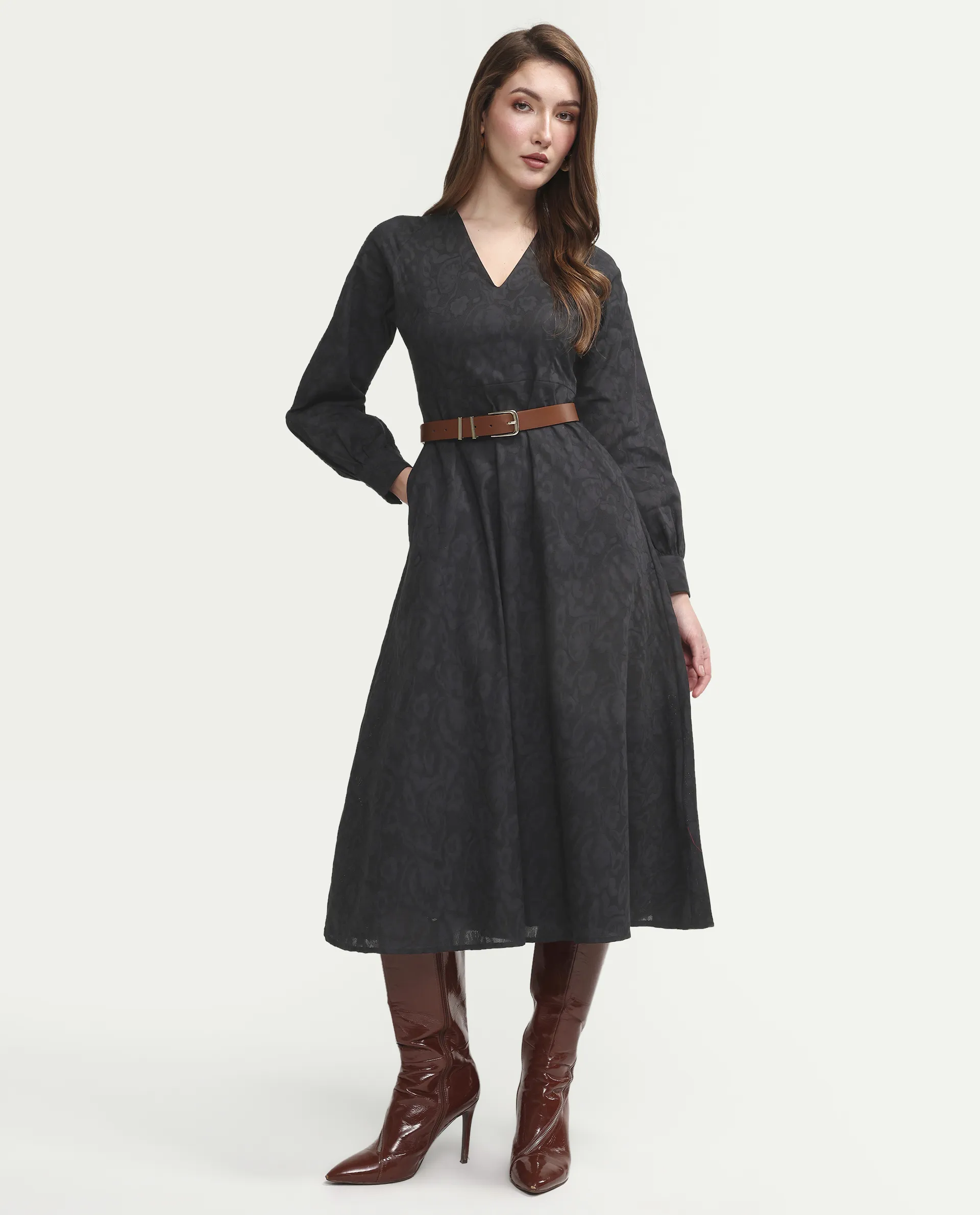 Rareism Women's Cinda Black Cotton Full Sleeve Flared Jacquard Dress - Image 2
