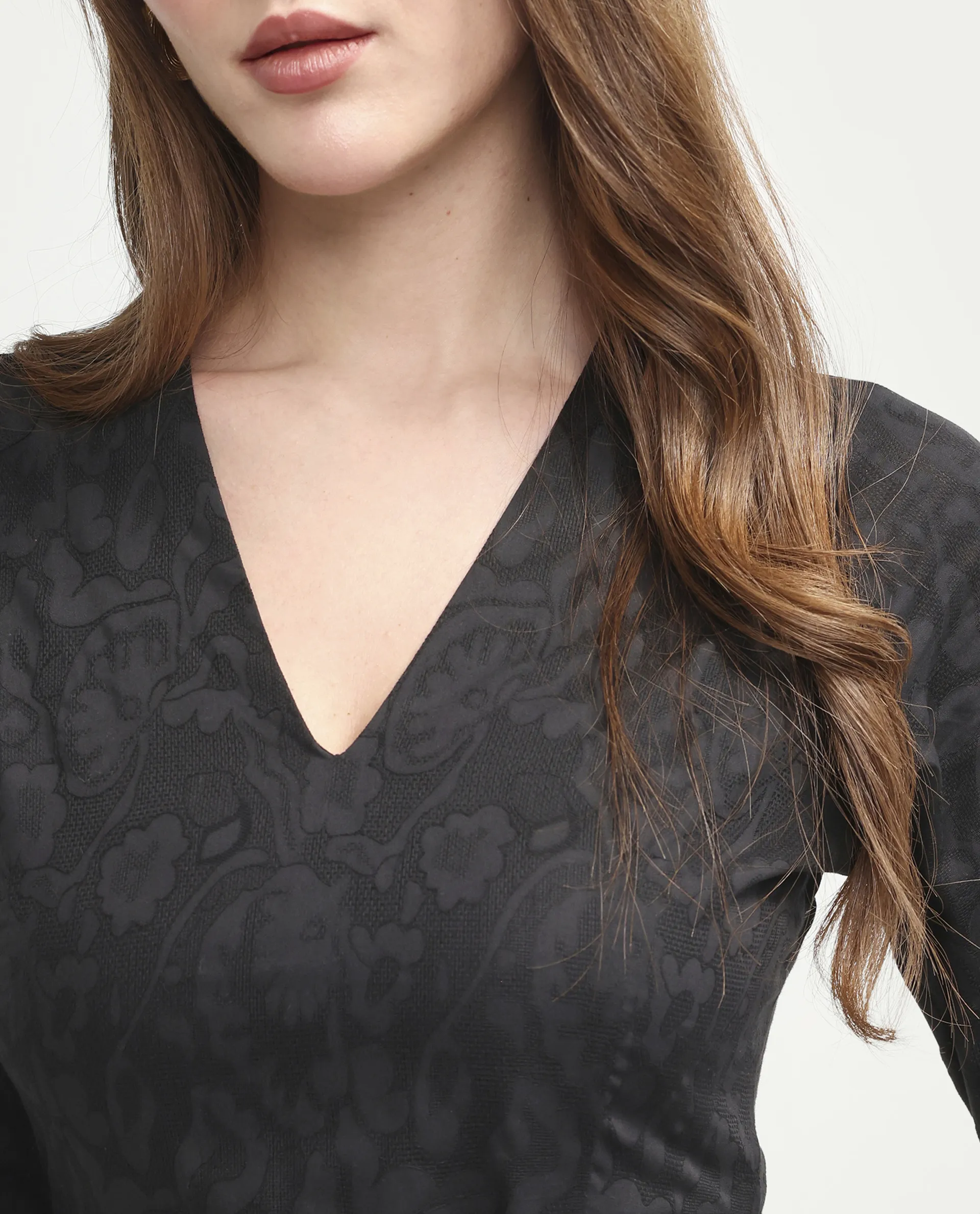 Rareism Women's Cinda Black Cotton Full Sleeve Flared Jacquard Dress - Image 3