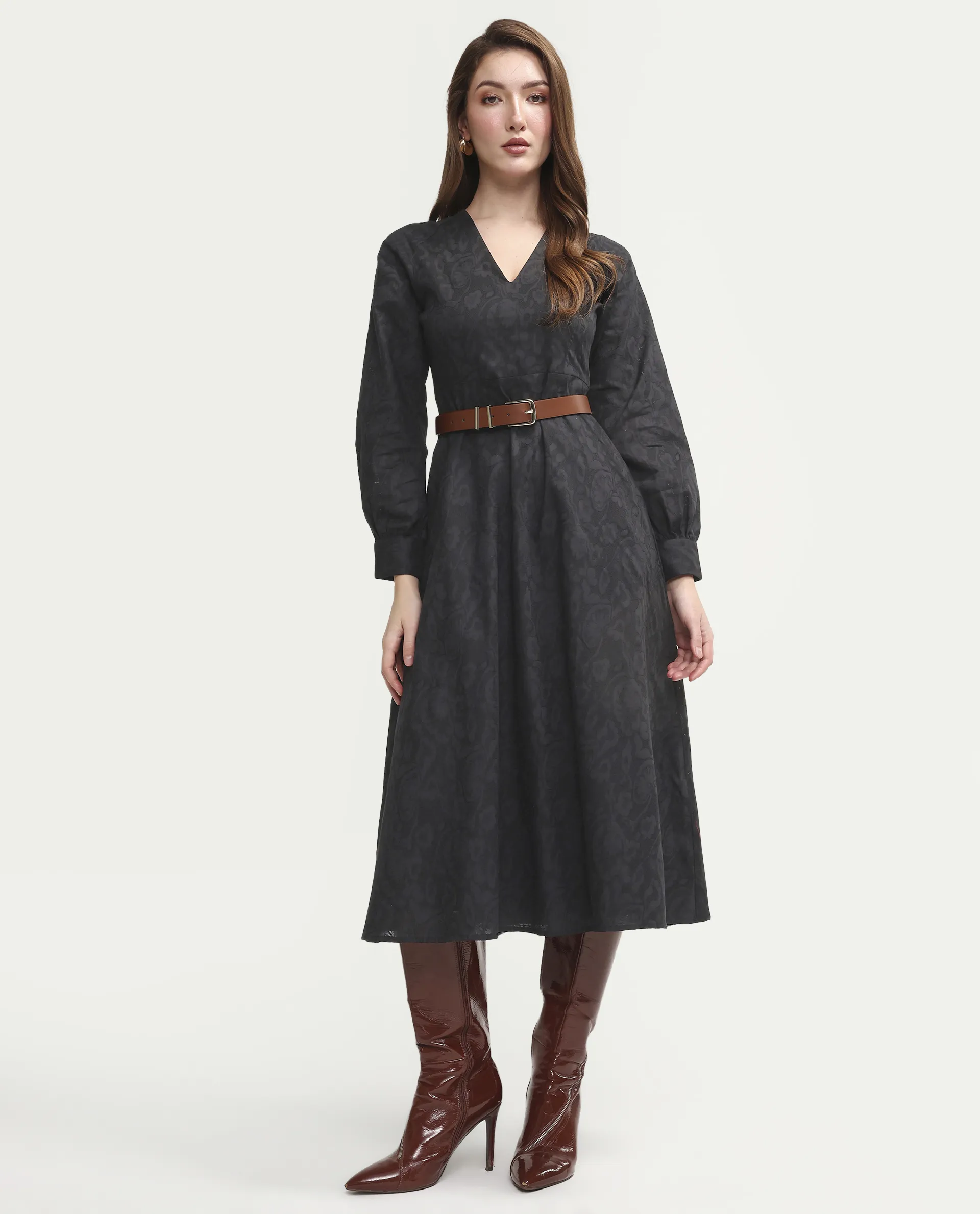 Rareism Women's Cinda Black Cotton Full Sleeve Flared Jacquard Dress - Image 4