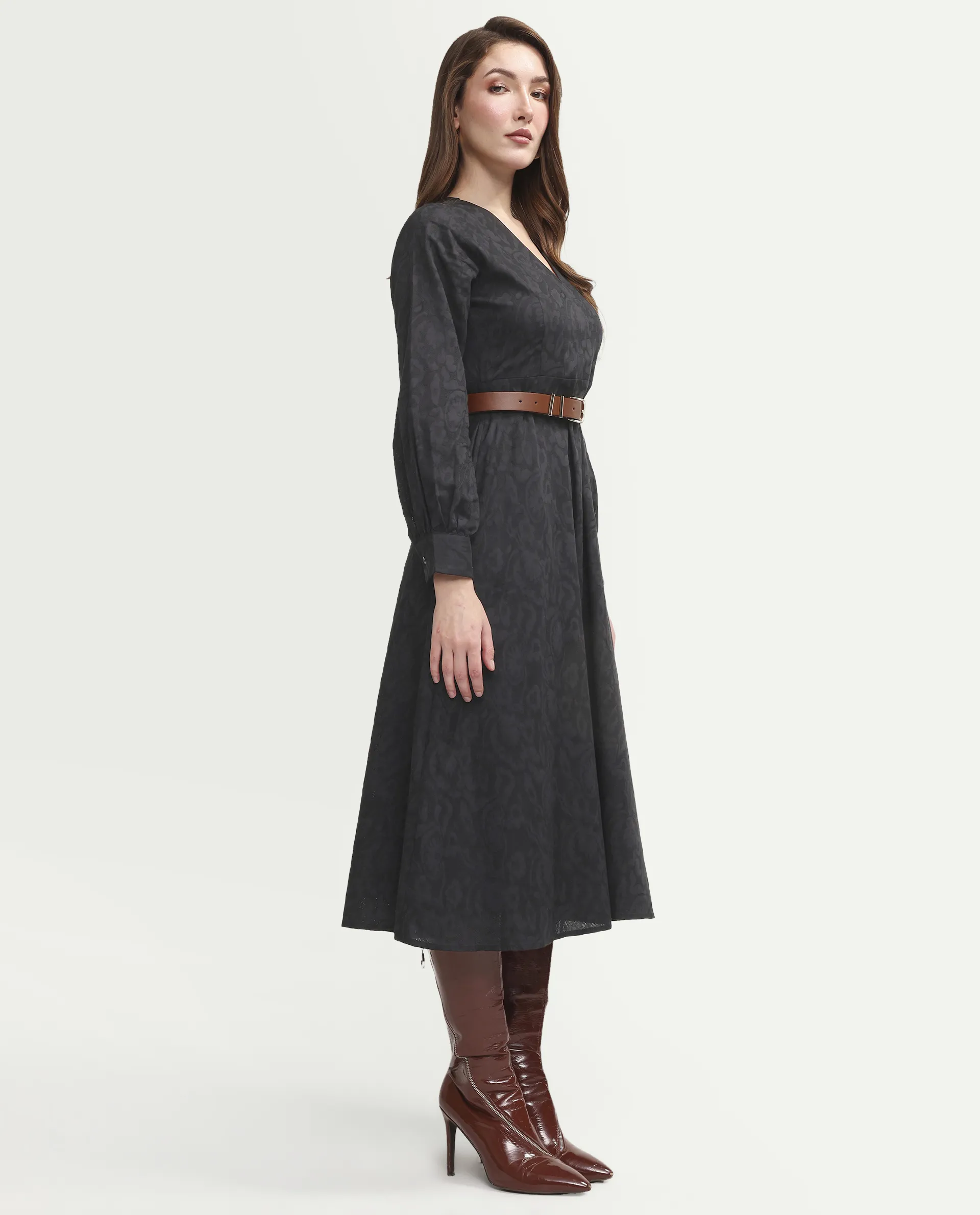Rareism Women's Cinda Black Cotton Full Sleeve Flared Jacquard Dress - Image 5