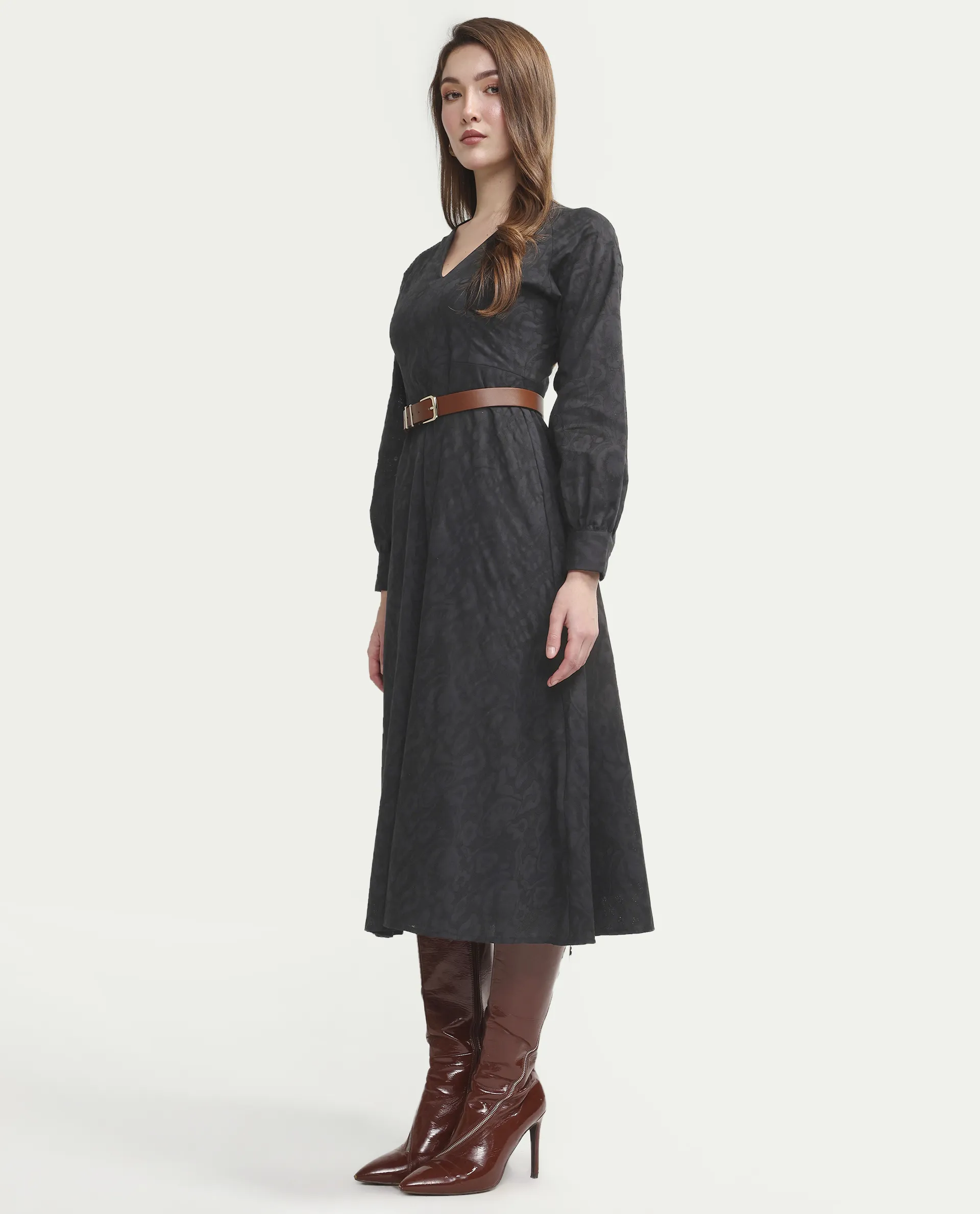 Rareism Women's Cinda Black Cotton Full Sleeve Flared Jacquard Dress - Image 6