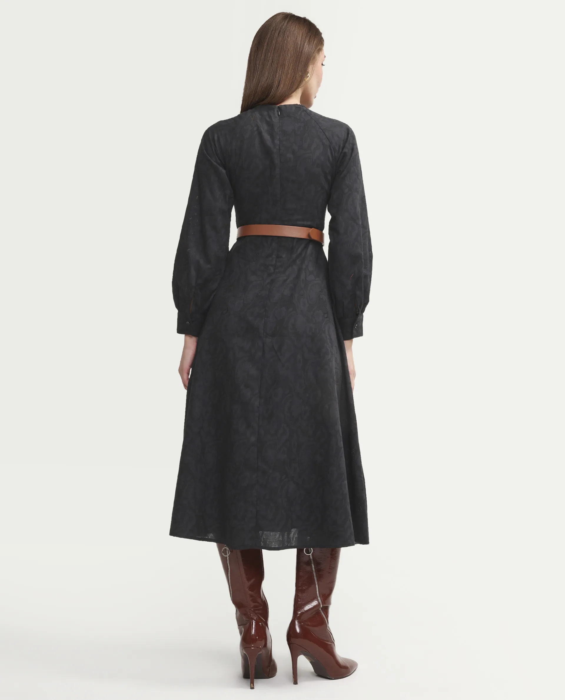 Rareism Women's Cinda Black Cotton Full Sleeve Flared Jacquard Dress - Image 7