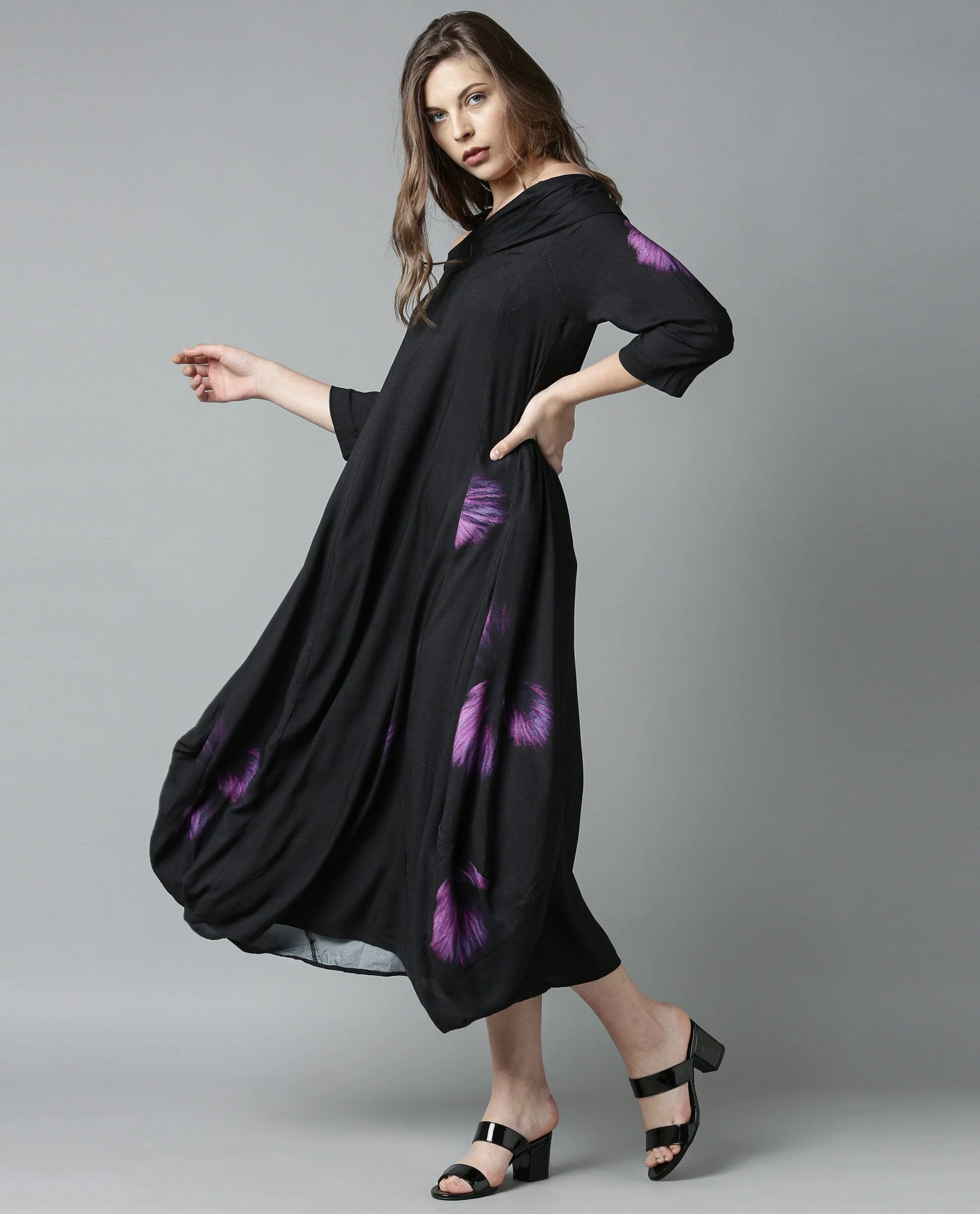 Rareism Women Cindy Black Dress Full Sleeves Printed