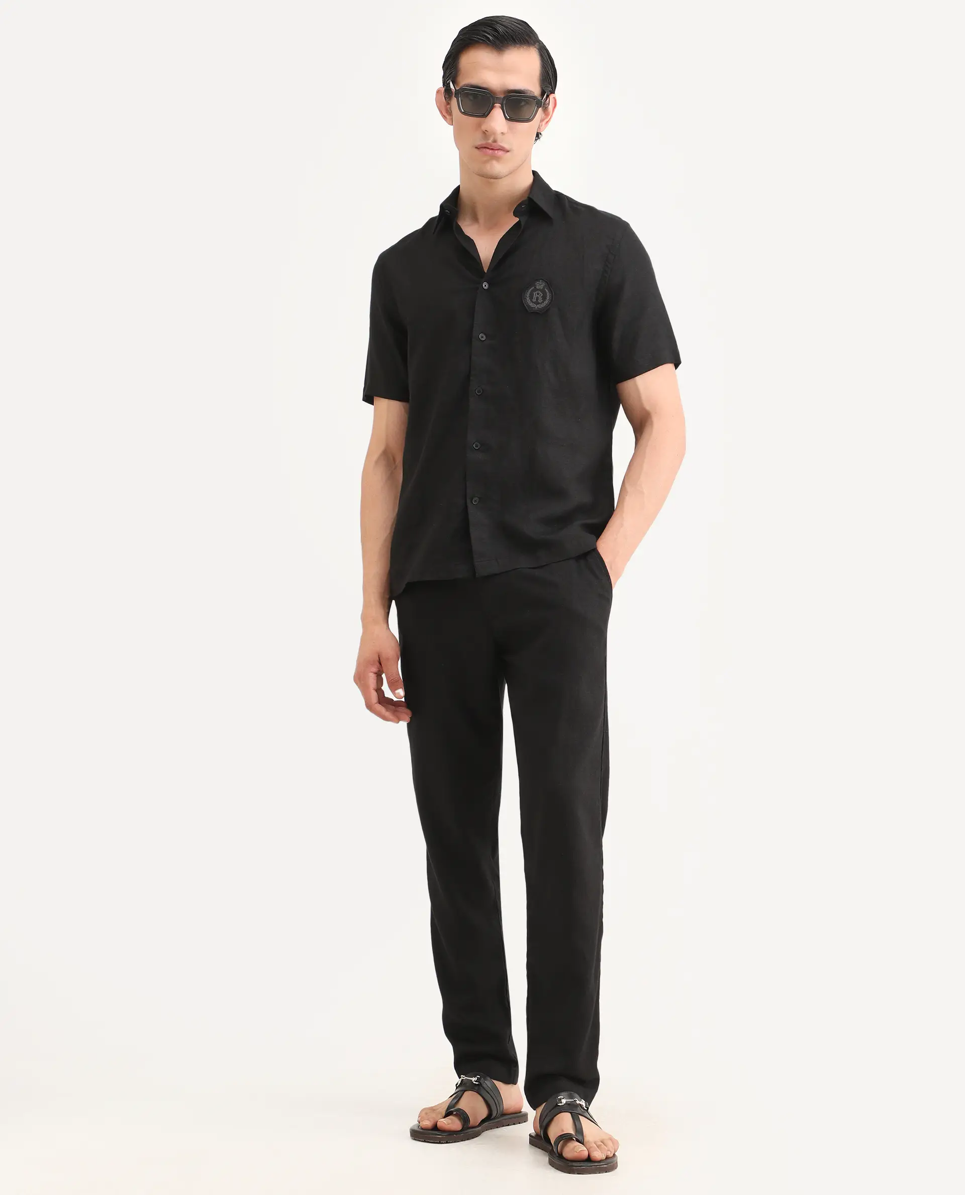 Rare Rabbit Men's Cine Ss Black Linen Blend Fabric Half Sleeve Spread Collar Regular Fit Plain Shirt - Image 2