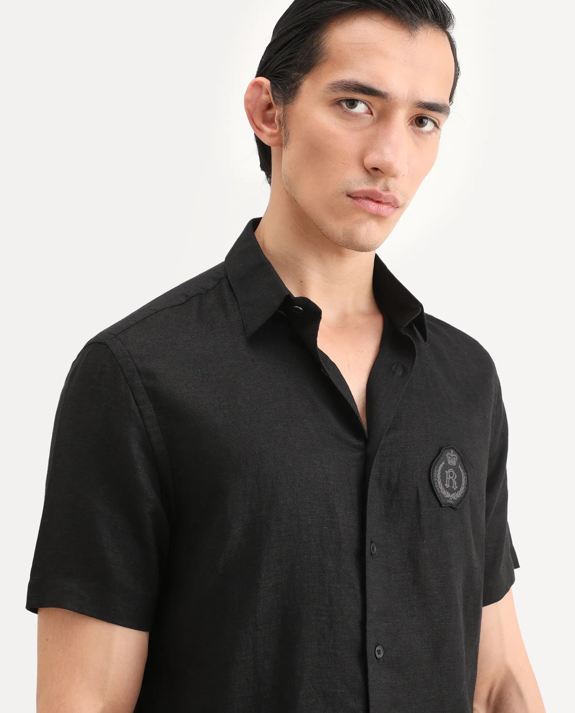 Rare Rabbit Men's Cine Ss Black Linen Blend Fabric Half Sleeve Spread Collar Regular Fit Plain Shirt - Image 3
