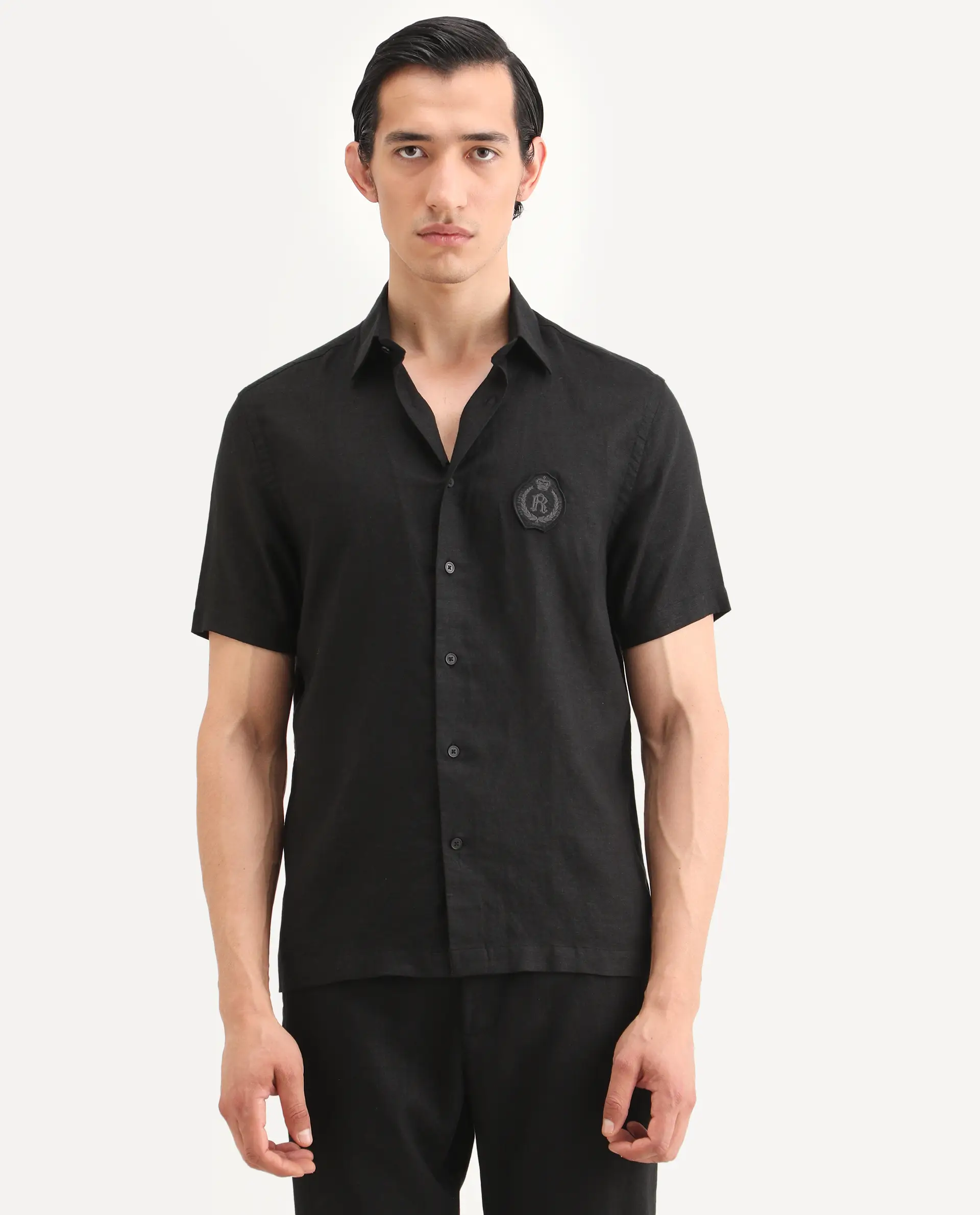 Rare Rabbit Men's Cine Ss Black Linen Blend Fabric Half Sleeve Spread Collar Regular Fit Plain Shirt - Image 4