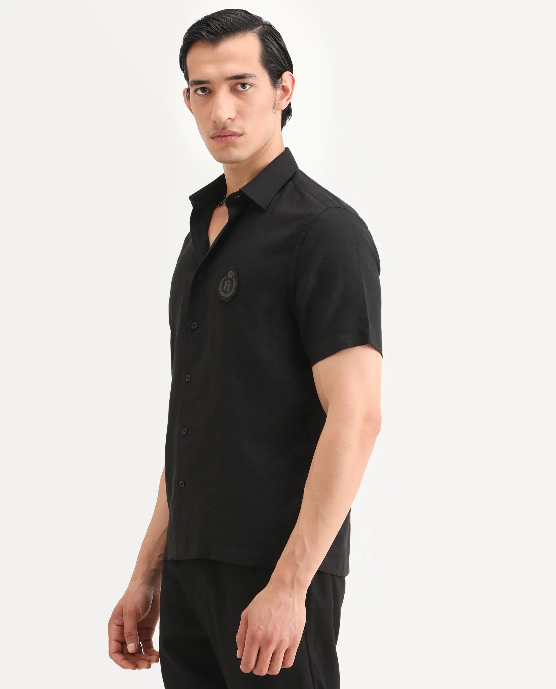 Rare Rabbit Men's Cine Ss Black Linen Blend Fabric Half Sleeve Spread Collar Regular Fit Plain Shirt - Image 5