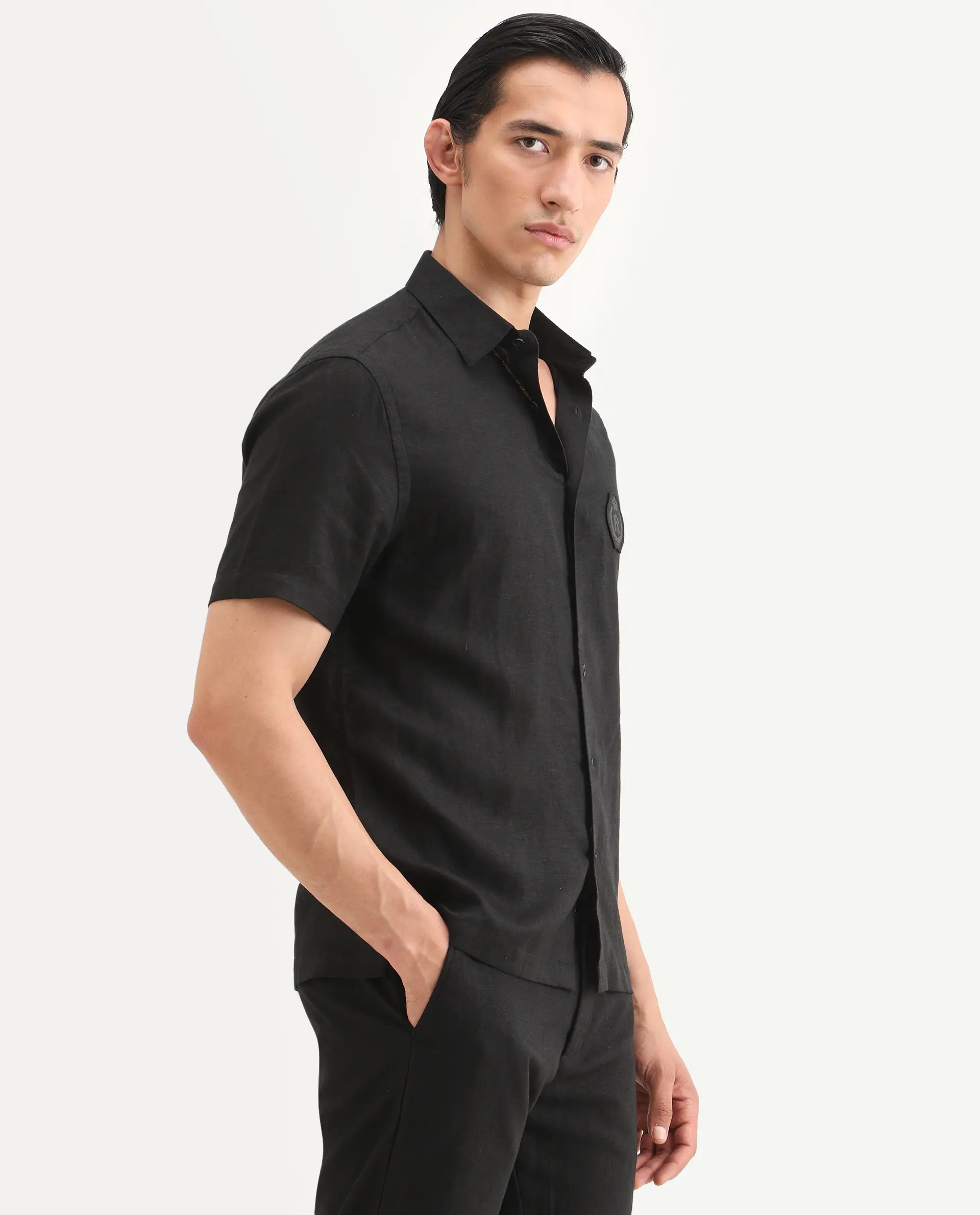 Rare Rabbit Men's Cine Ss Black Linen Blend Fabric Half Sleeve Spread Collar Regular Fit Plain Shirt - Image 6
