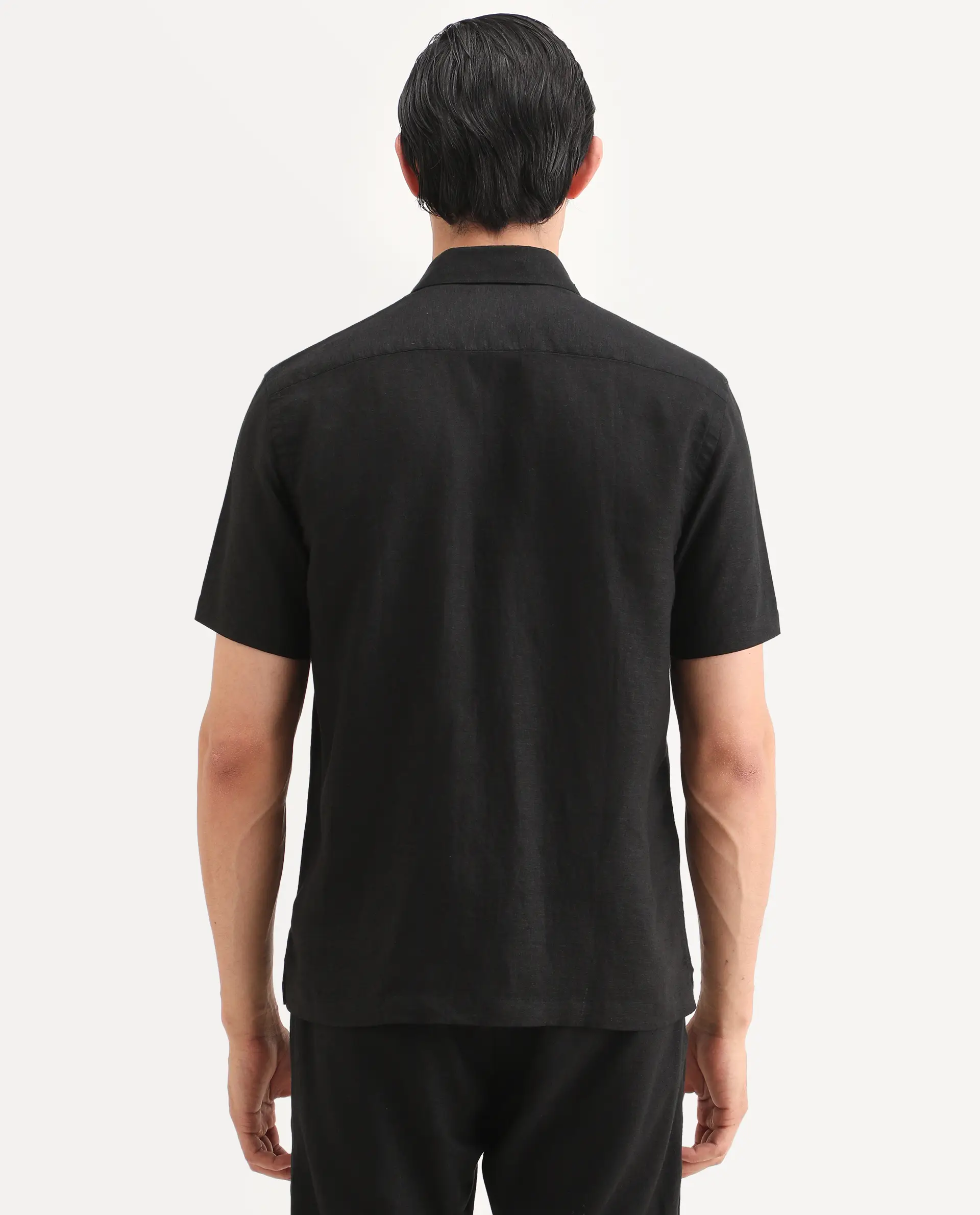 Rare Rabbit Men's Cine Ss Black Linen Blend Fabric Half Sleeve Spread Collar Regular Fit Plain Shirt - Image 8