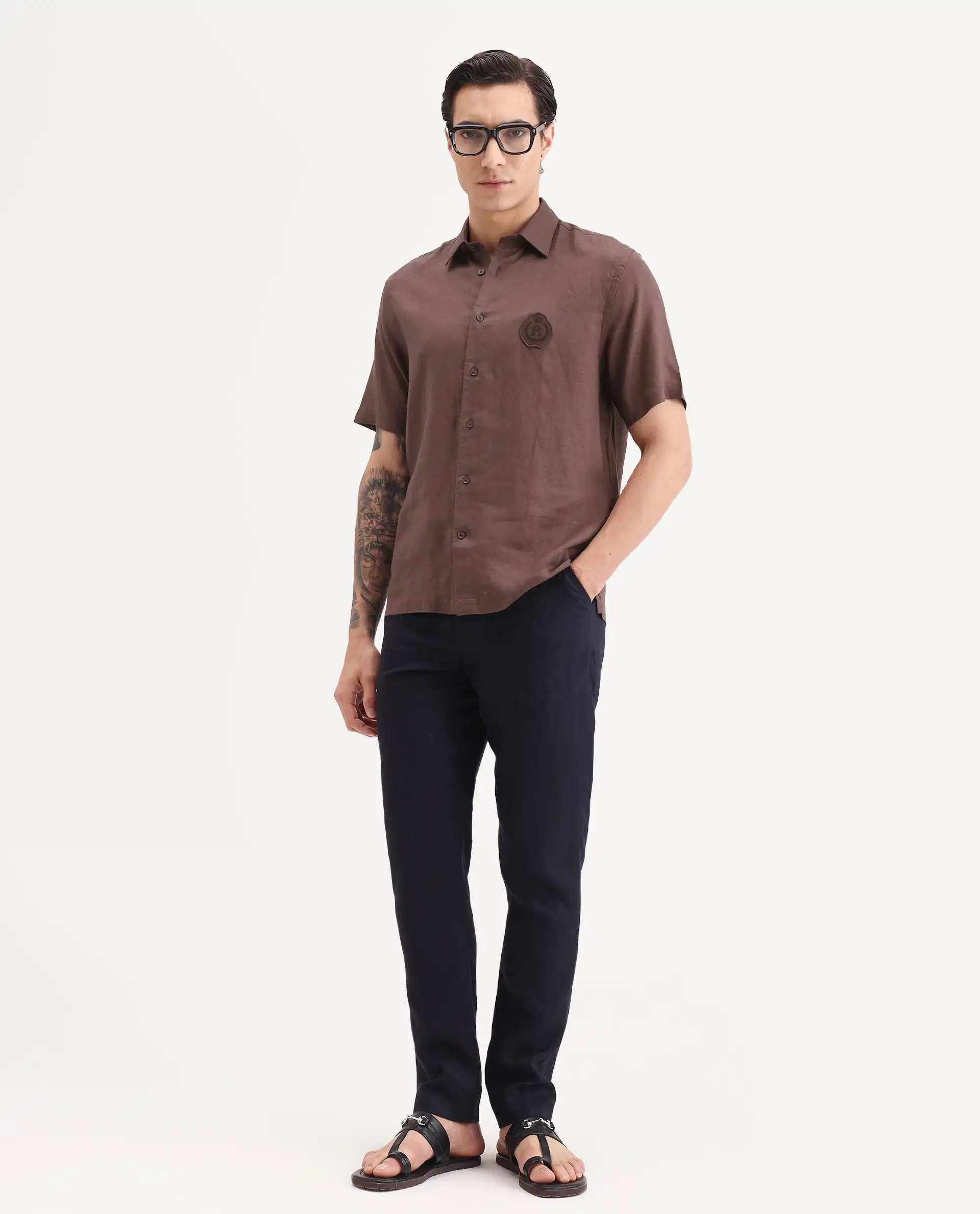 Rare Rabbit Men's Cine Ss Brown Linen Blend Fabric Half Sleeve Spread Collar Regular Fit Plain Shirt - Image 2