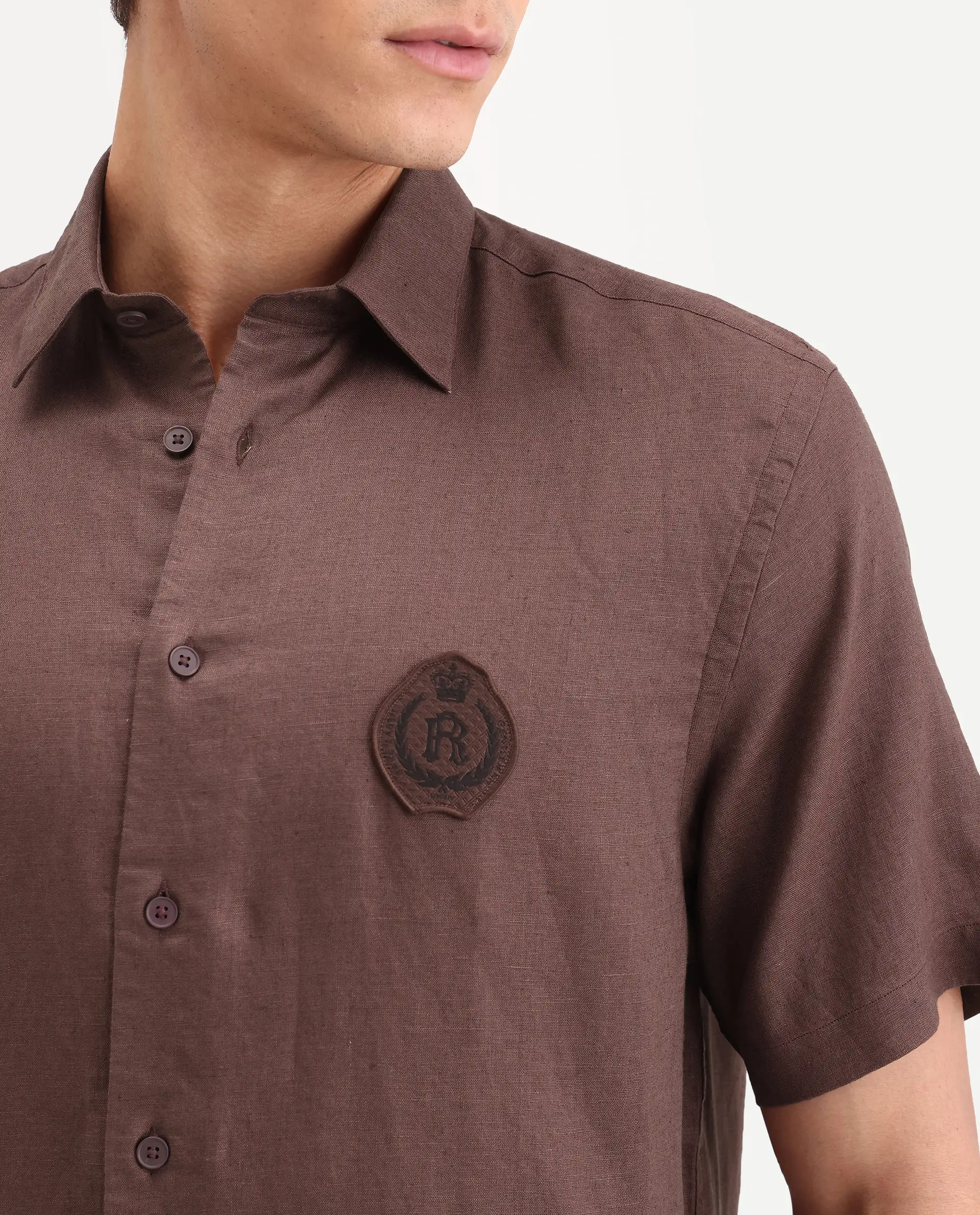 Rare Rabbit Men's Cine Ss Brown Linen Blend Fabric Half Sleeve Spread Collar Regular Fit Plain Shirt - Image 3