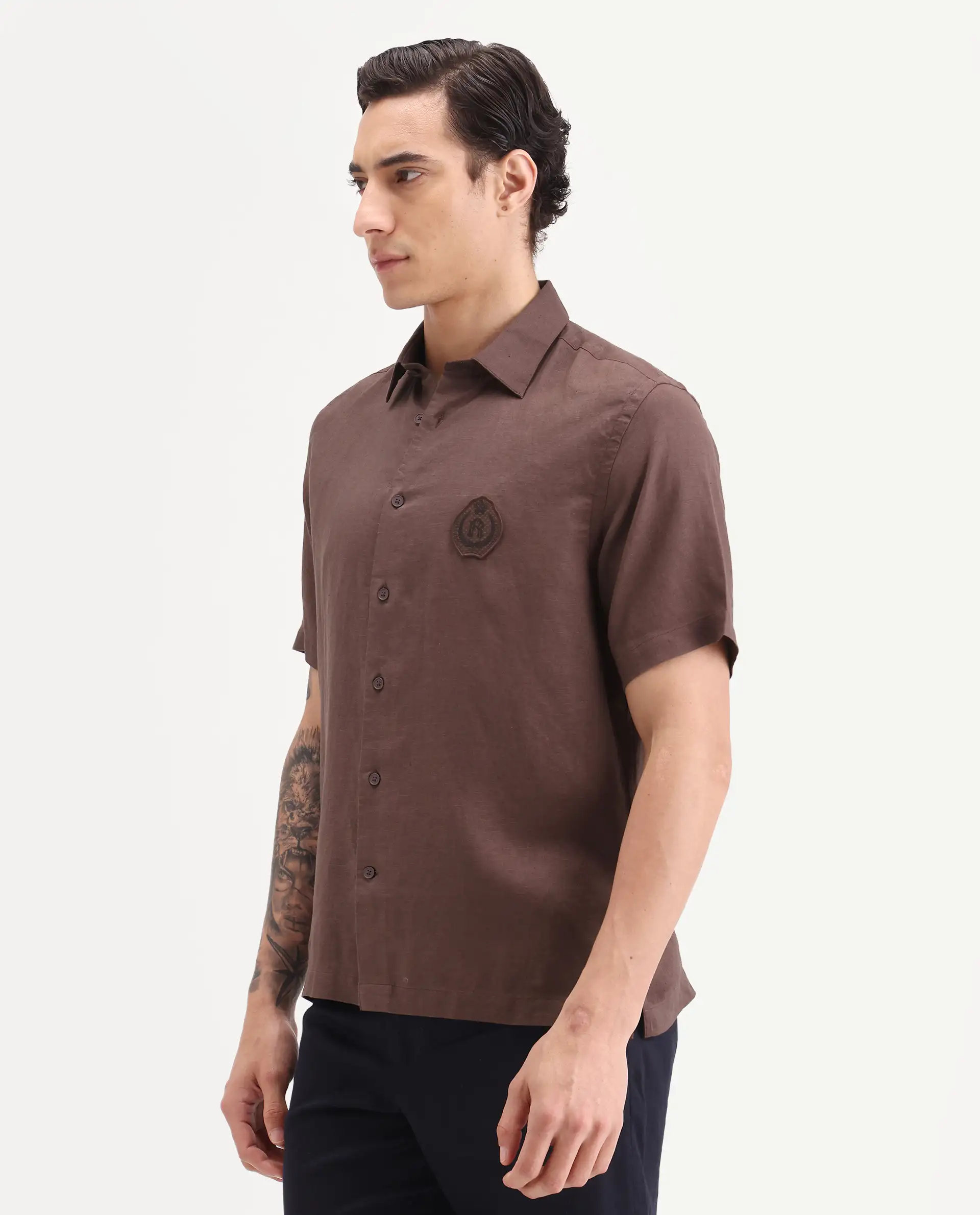 Rare Rabbit Men's Cine Ss Brown Linen Blend Fabric Half Sleeve Spread Collar Regular Fit Plain Shirt - Image 4