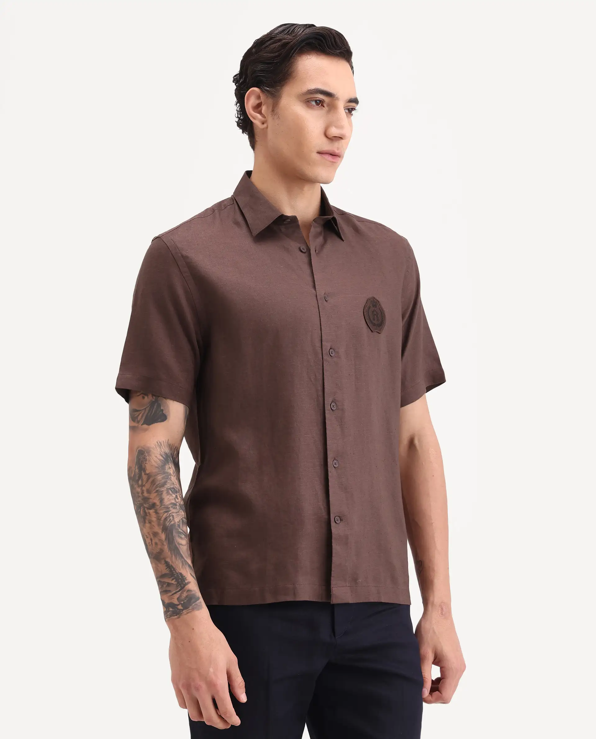 Rare Rabbit Men's Cine Ss Brown Linen Blend Fabric Half Sleeve Spread Collar Regular Fit Plain Shirt - Image 5