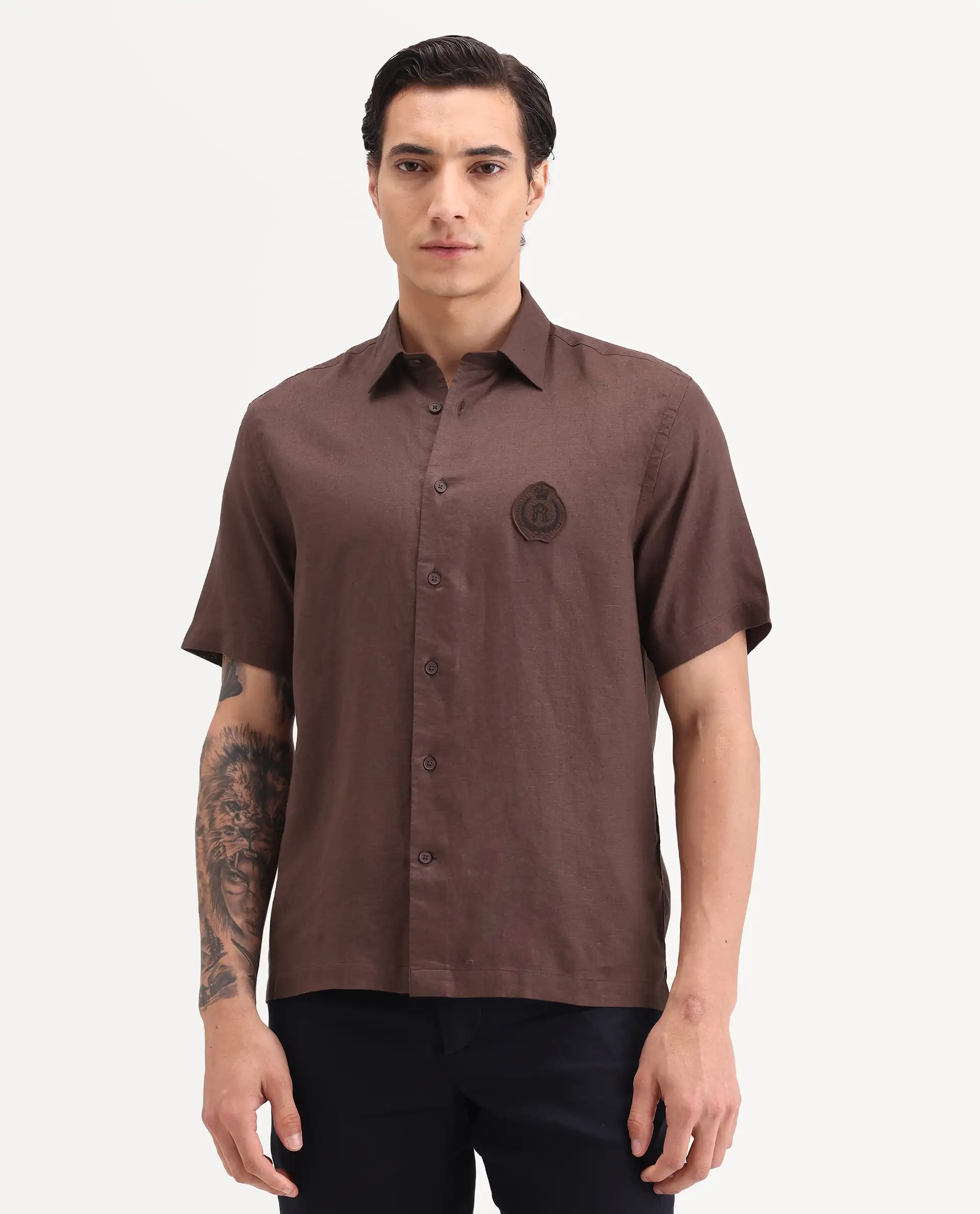 Rare Rabbit Men's Cine Ss Brown Linen Blend Fabric Half Sleeve Spread Collar Regular Fit Plain Shirt - Image 6