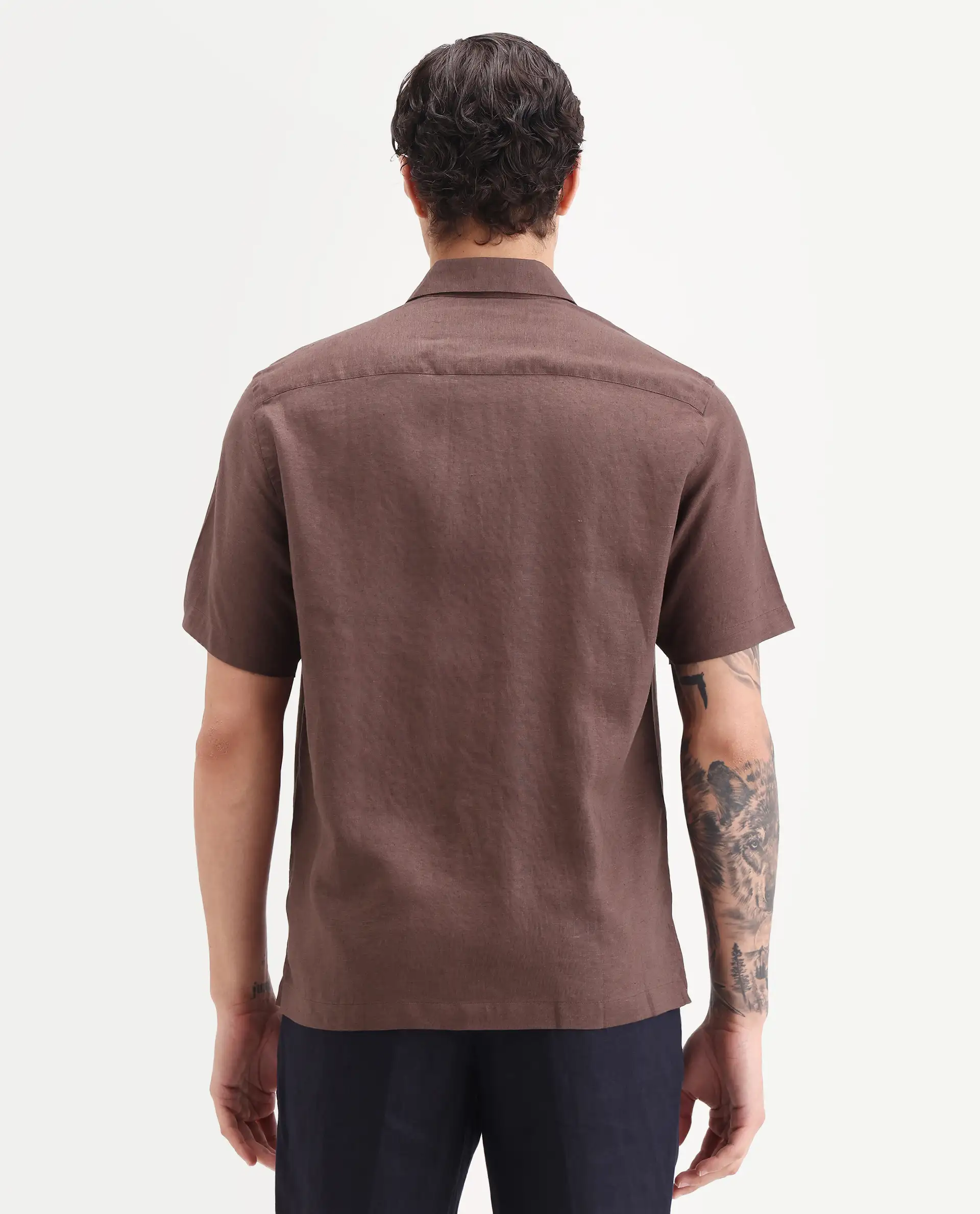 Rare Rabbit Men's Cine Ss Brown Linen Blend Fabric Half Sleeve Spread Collar Regular Fit Plain Shirt - Image 7