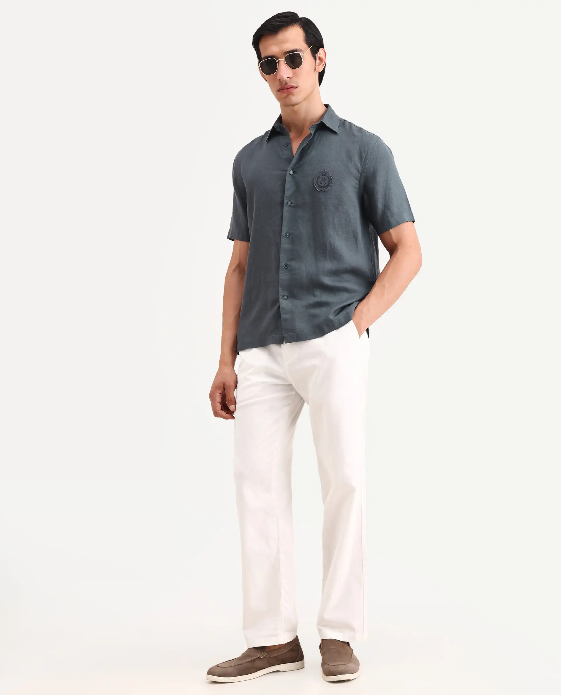 Rare Rabbit Men's Cine Ss Dark Blue Linen Blend Fabric Half Sleeve Spread Collar Regular Fit Plain Shirt - Image 2