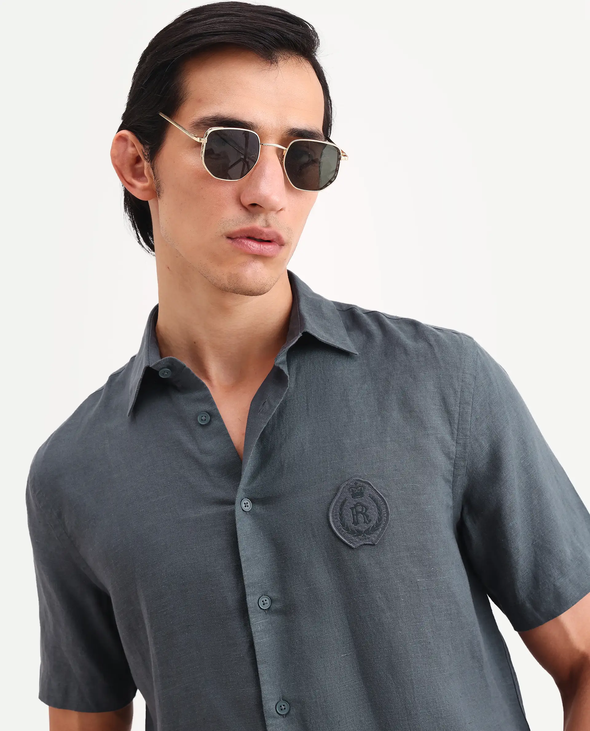 Rare Rabbit Men's Cine Ss Dark Blue Linen Blend Fabric Half Sleeve Spread Collar Regular Fit Plain Shirt - Image 3