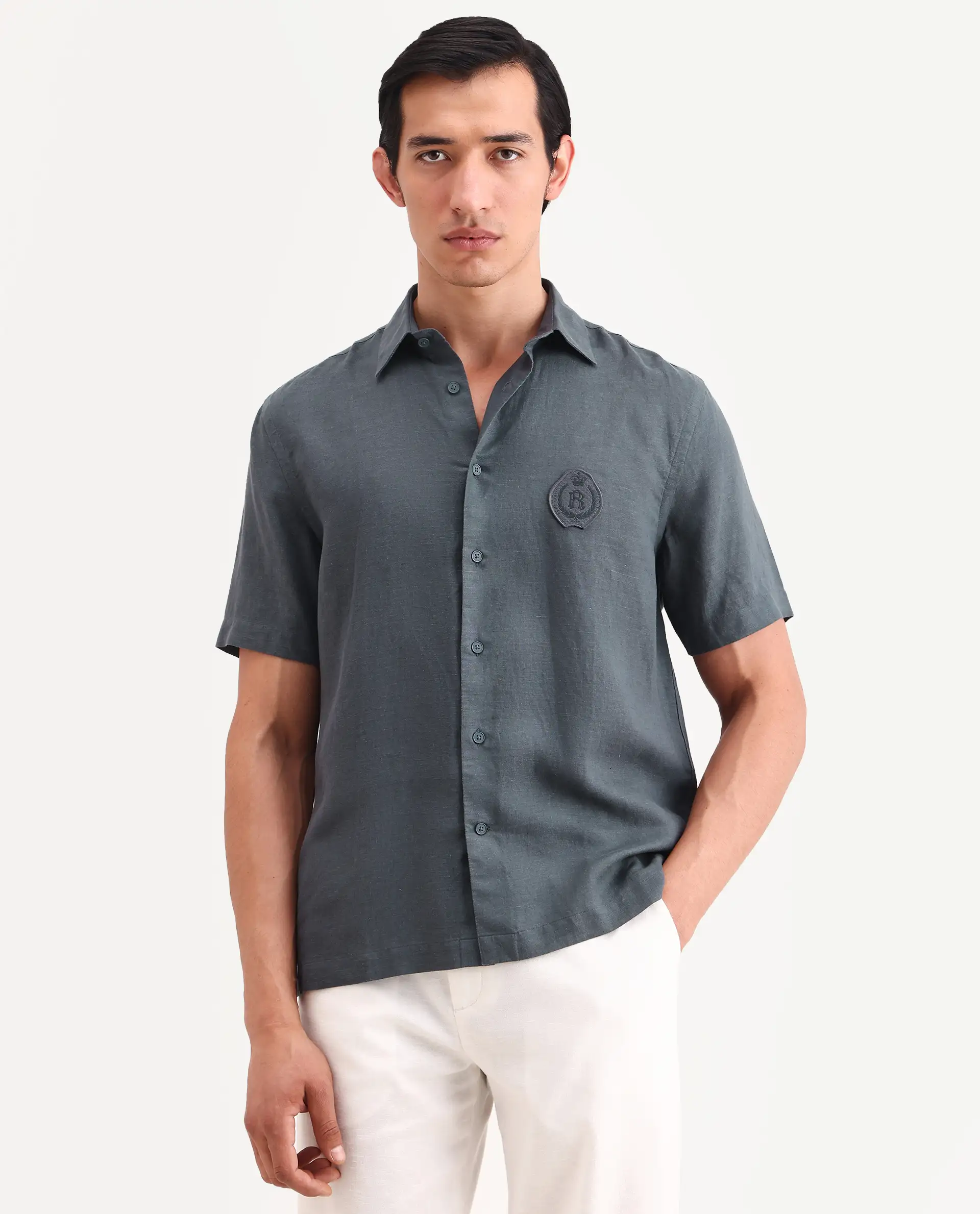 Rare Rabbit Men's Cine Ss Dark Blue Linen Blend Fabric Half Sleeve Spread Collar Regular Fit Plain Shirt - Image 4