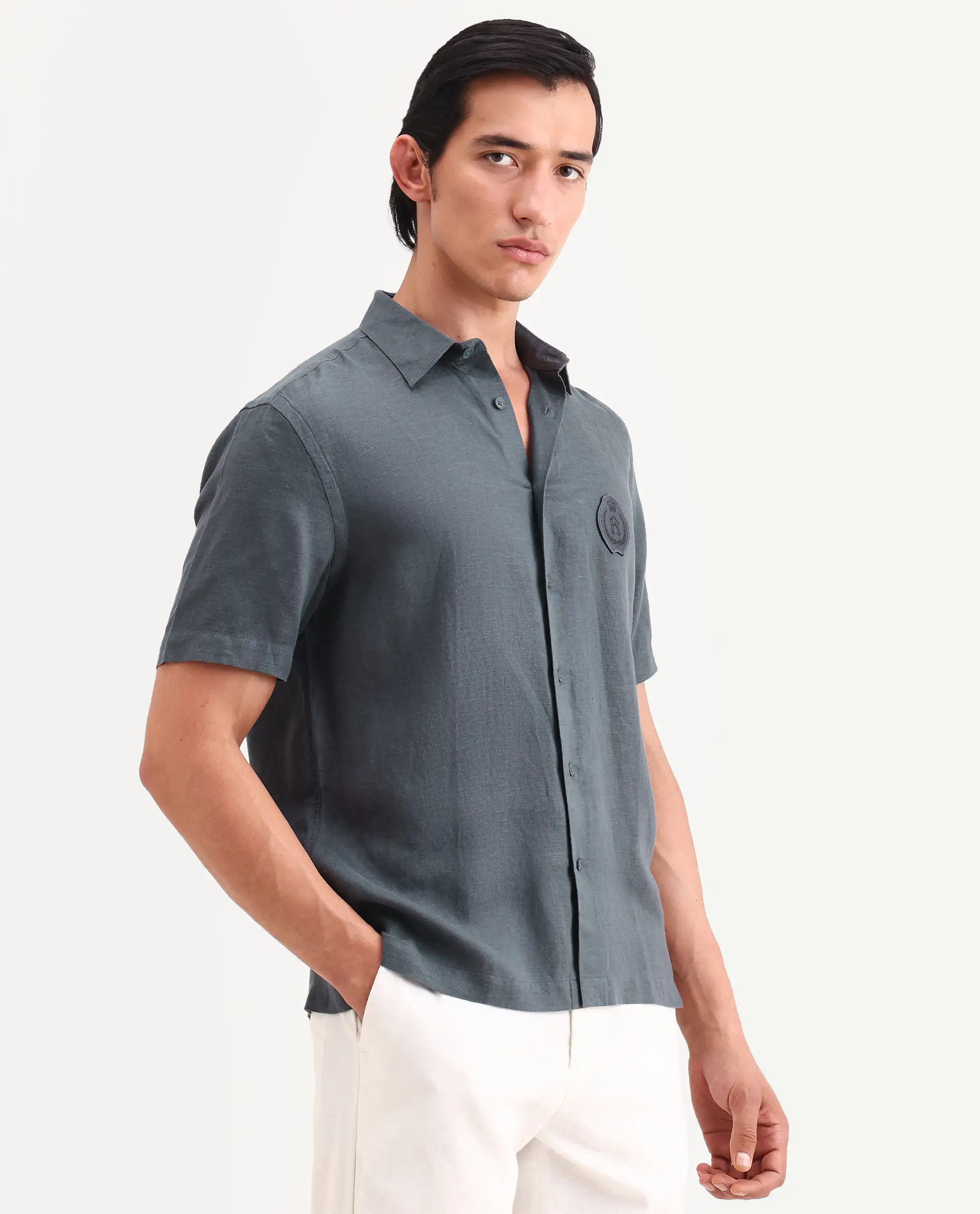 Rare Rabbit Men's Cine Ss Dark Blue Linen Blend Fabric Half Sleeve Spread Collar Regular Fit Plain Shirt - Image 5