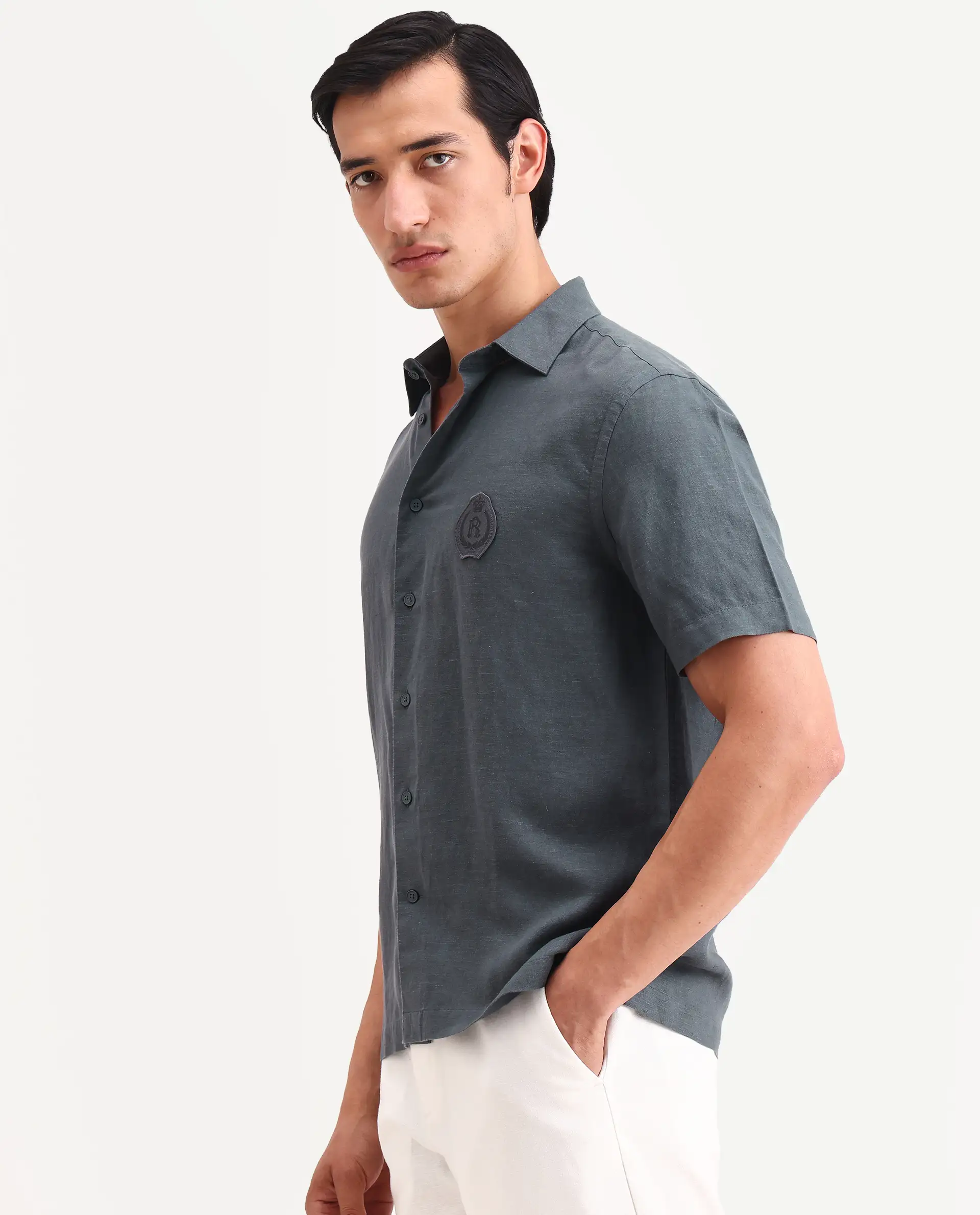 Rare Rabbit Men's Cine Ss Dark Blue Linen Blend Fabric Half Sleeve Spread Collar Regular Fit Plain Shirt - Image 6