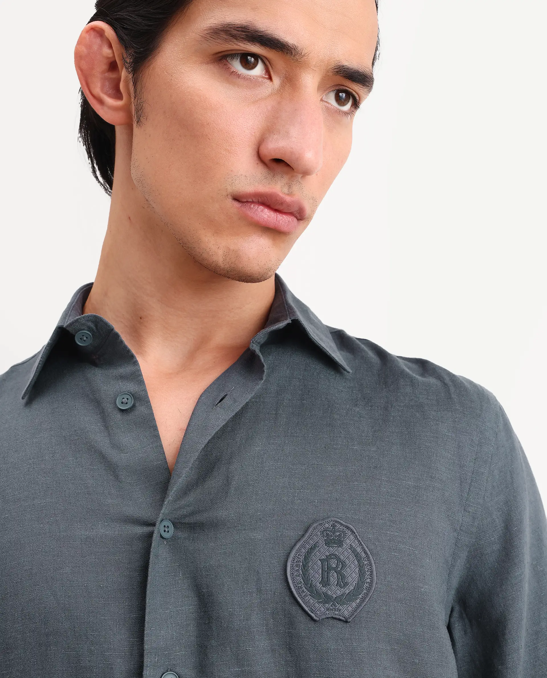 Rare Rabbit Men's Cine Ss Dark Blue Linen Blend Fabric Half Sleeve Spread Collar Regular Fit Plain Shirt - Image 7