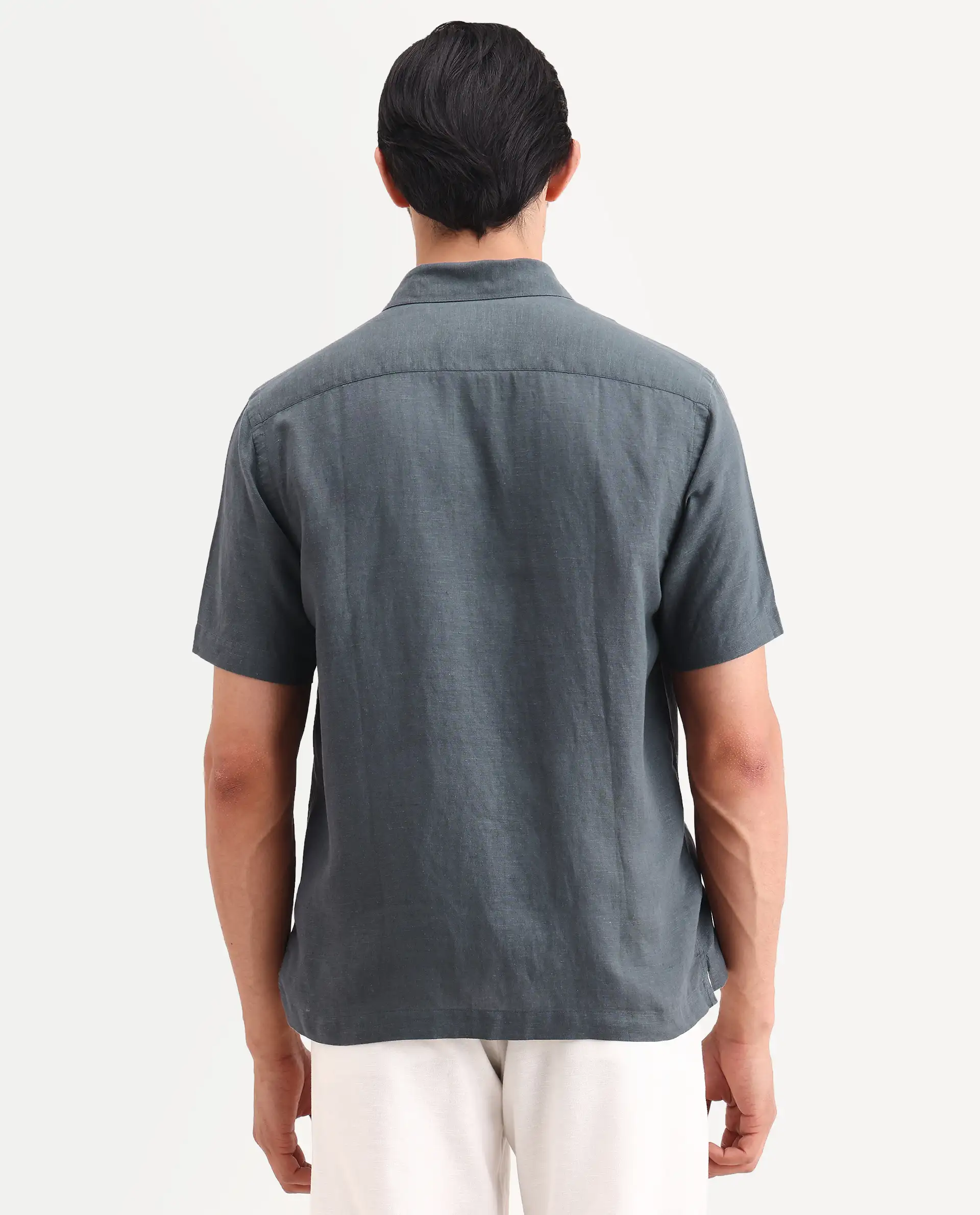 Rare Rabbit Men's Cine Ss Dark Blue Linen Blend Fabric Half Sleeve Spread Collar Regular Fit Plain Shirt - Image 8