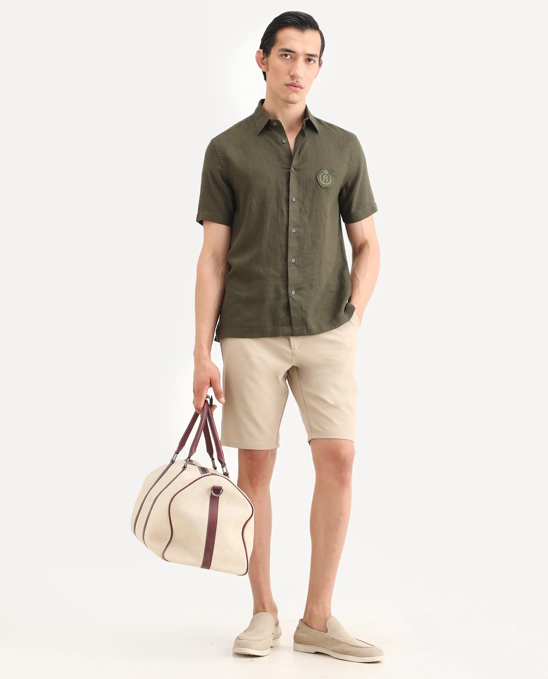 Rare Rabbit Men's Cine Ss Olive Linen Blend Fabric Half Sleeve Spread Collar Regular Fit Plain Shirt - Image 2