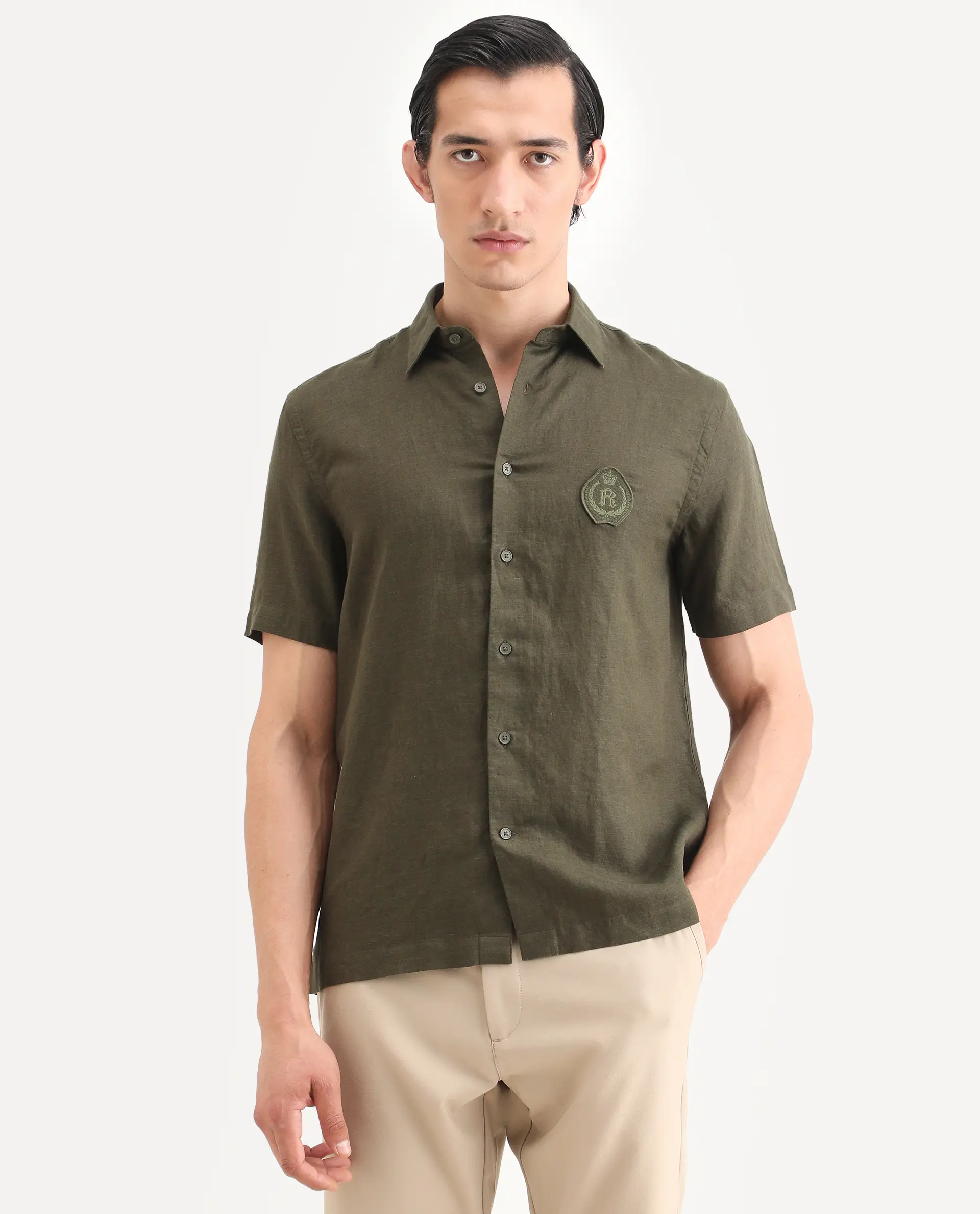 Rare Rabbit Men's Cine Ss Olive Linen Blend Fabric Half Sleeve Spread Collar Regular Fit Plain Shirt - Image 3