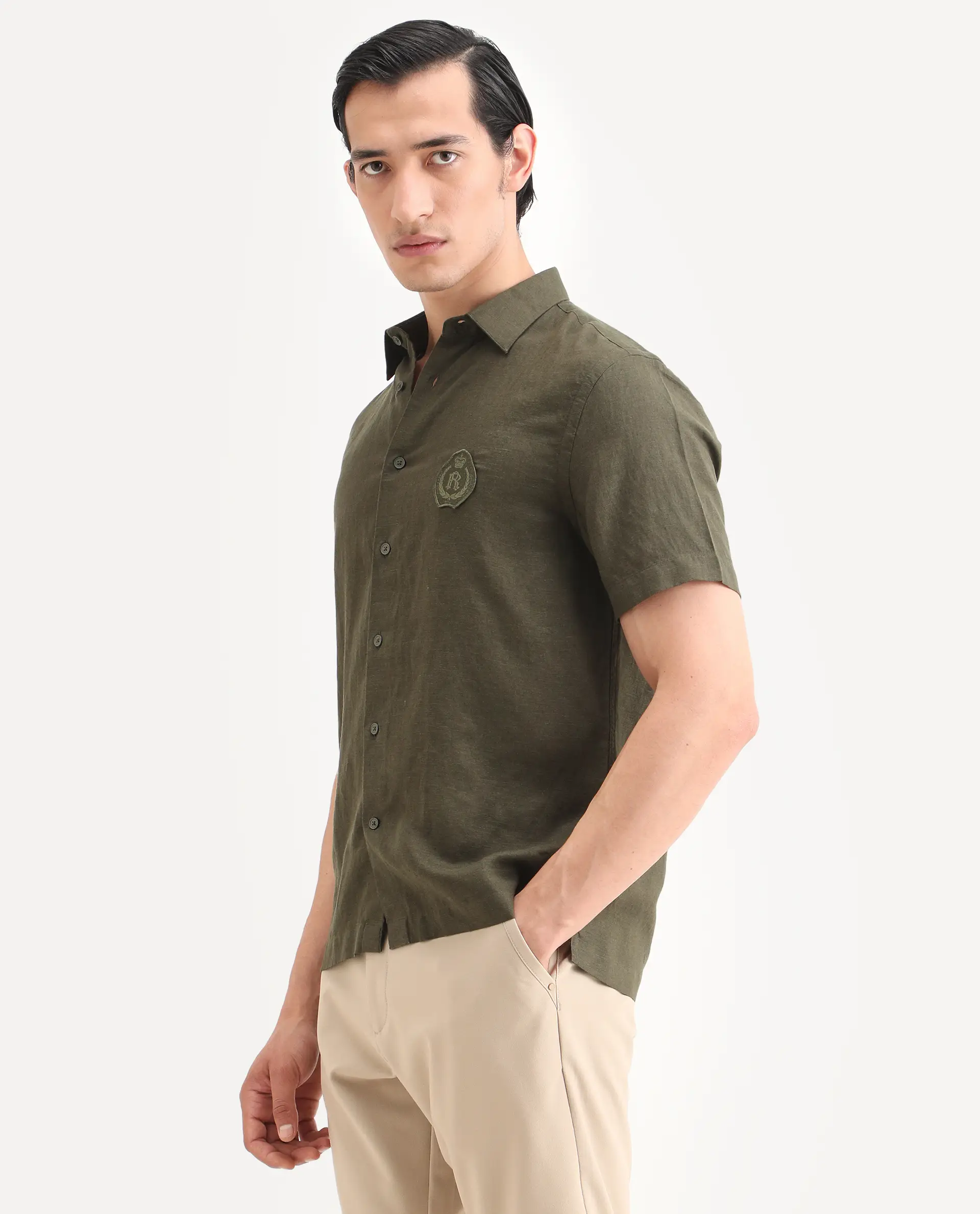 Rare Rabbit Men's Cine Ss Olive Linen Blend Fabric Half Sleeve Spread Collar Regular Fit Plain Shirt - Image 4