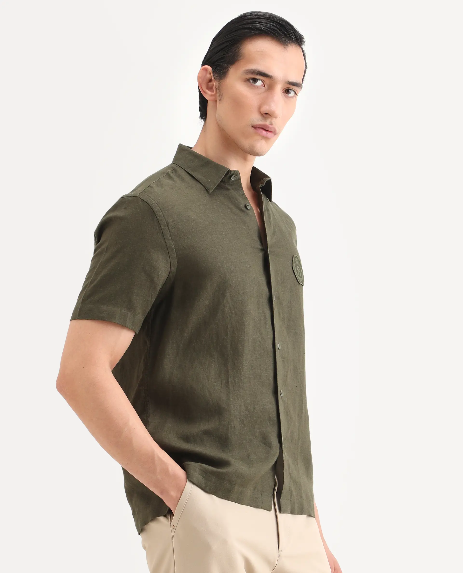 Rare Rabbit Men's Cine Ss Olive Linen Blend Fabric Half Sleeve Spread Collar Regular Fit Plain Shirt - Image 5