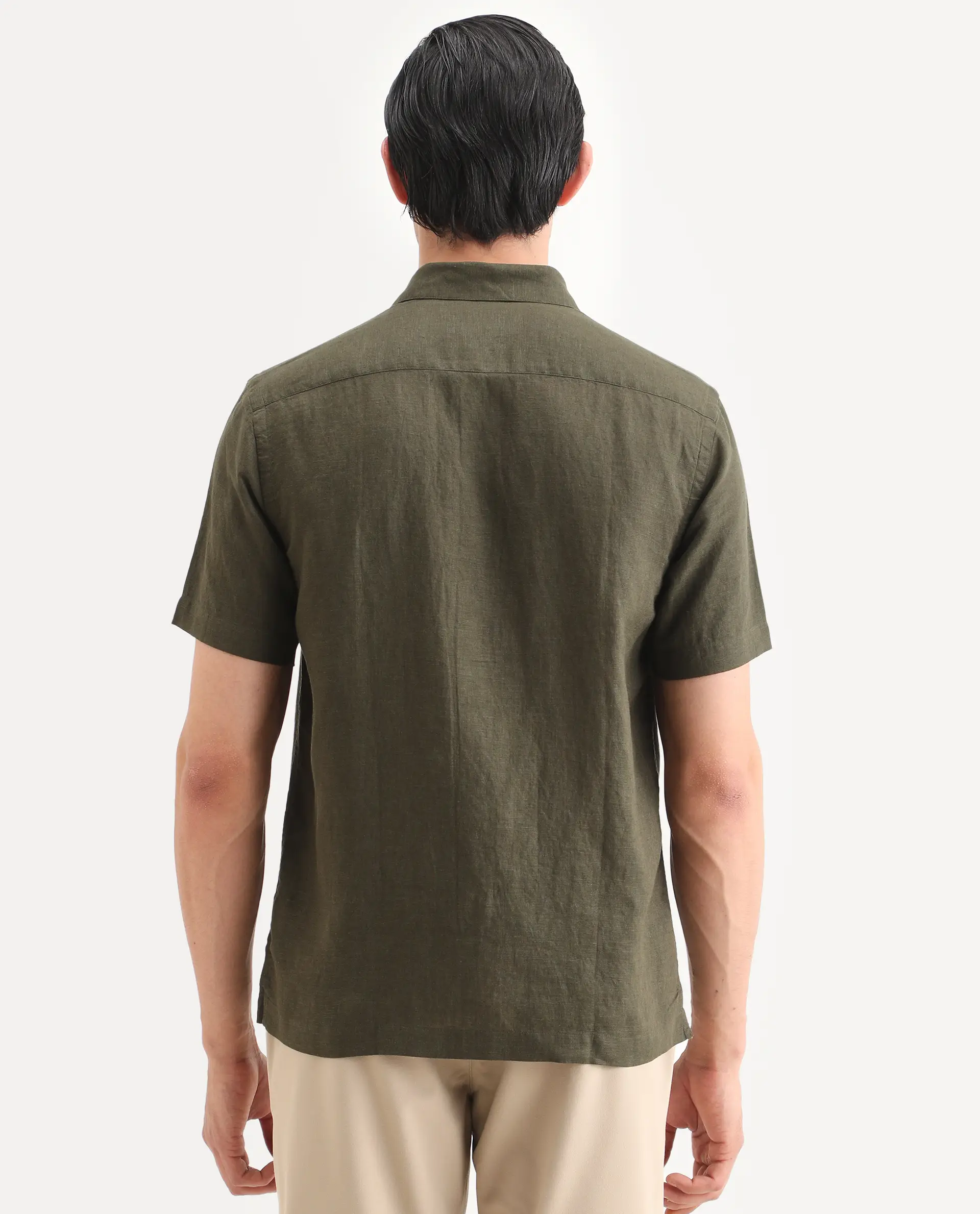Rare Rabbit Men's Cine Ss Olive Linen Blend Fabric Half Sleeve Spread Collar Regular Fit Plain Shirt - Image 6