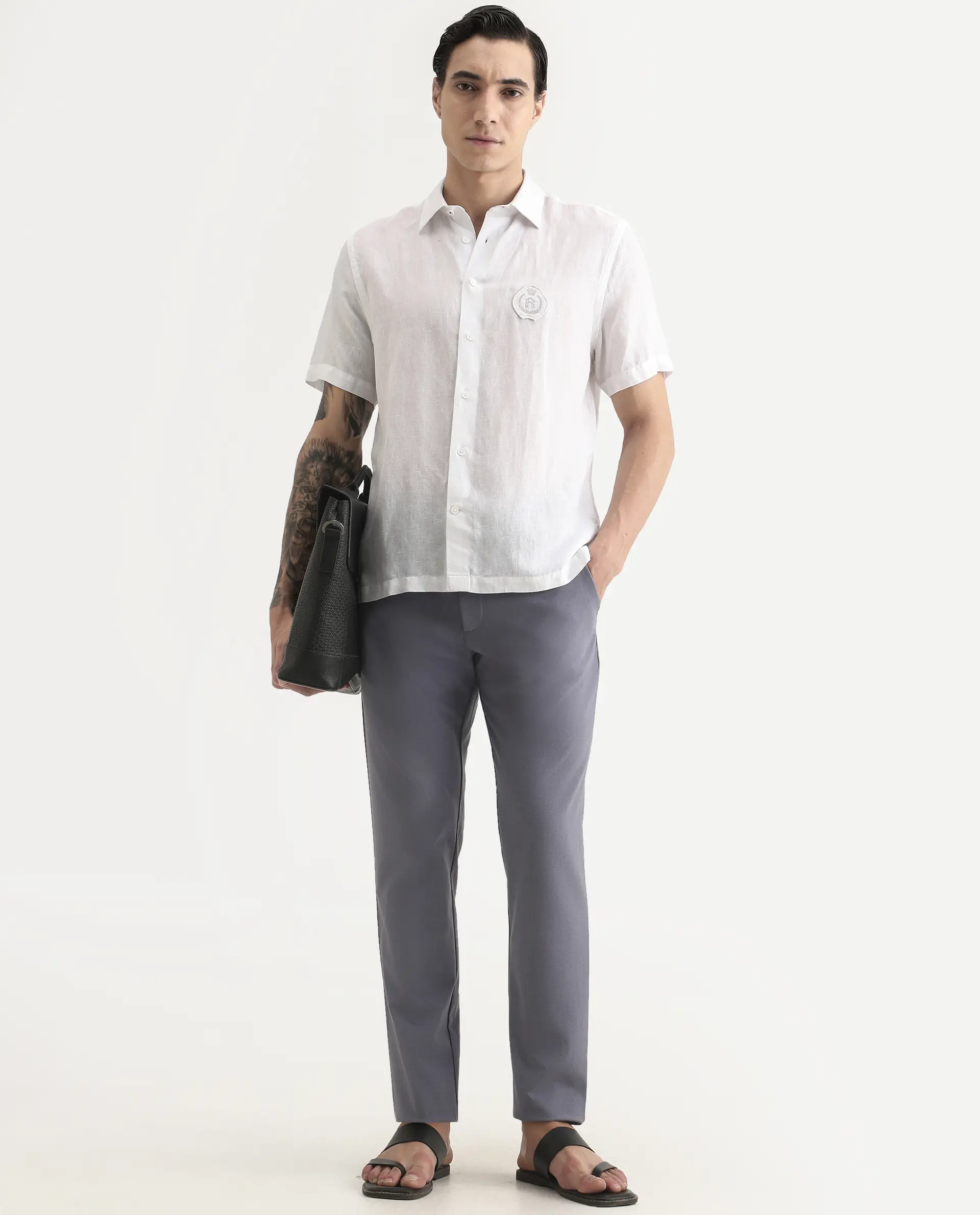 Rare Rabbit Men's Cine Ss White Linen Blend Fabric Half Sleeve Spread Collar Regular Fit Plain Shirt - Image 2