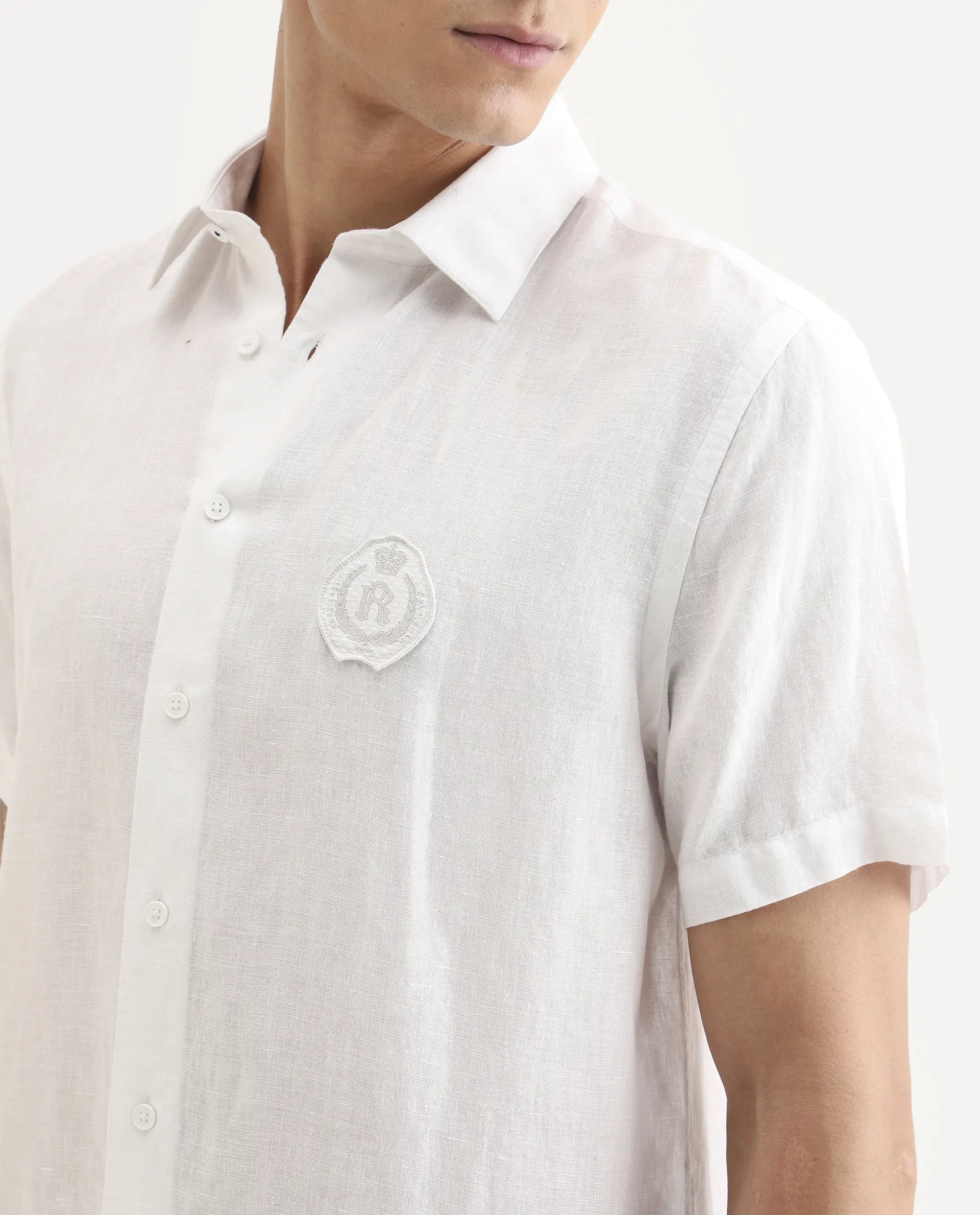 Rare Rabbit Men's Cine Ss White Linen Blend Fabric Half Sleeve Spread Collar Regular Fit Plain Shirt - Image 3