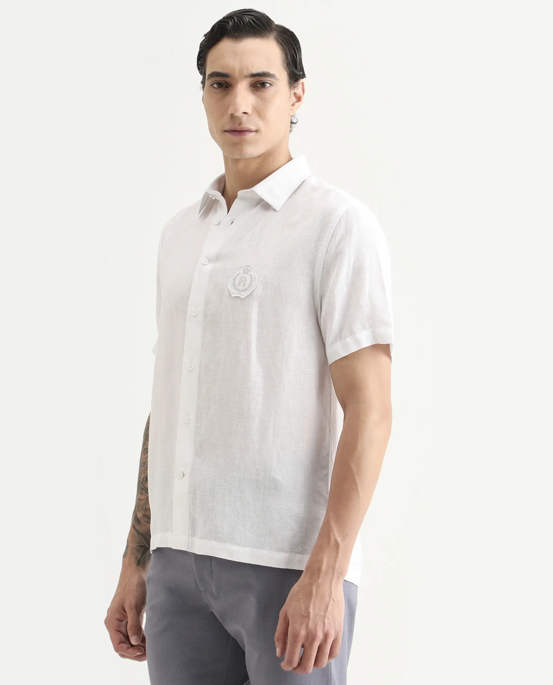 Rare Rabbit Men's Cine Ss White Linen Blend Fabric Half Sleeve Spread Collar Regular Fit Plain Shirt - Image 4