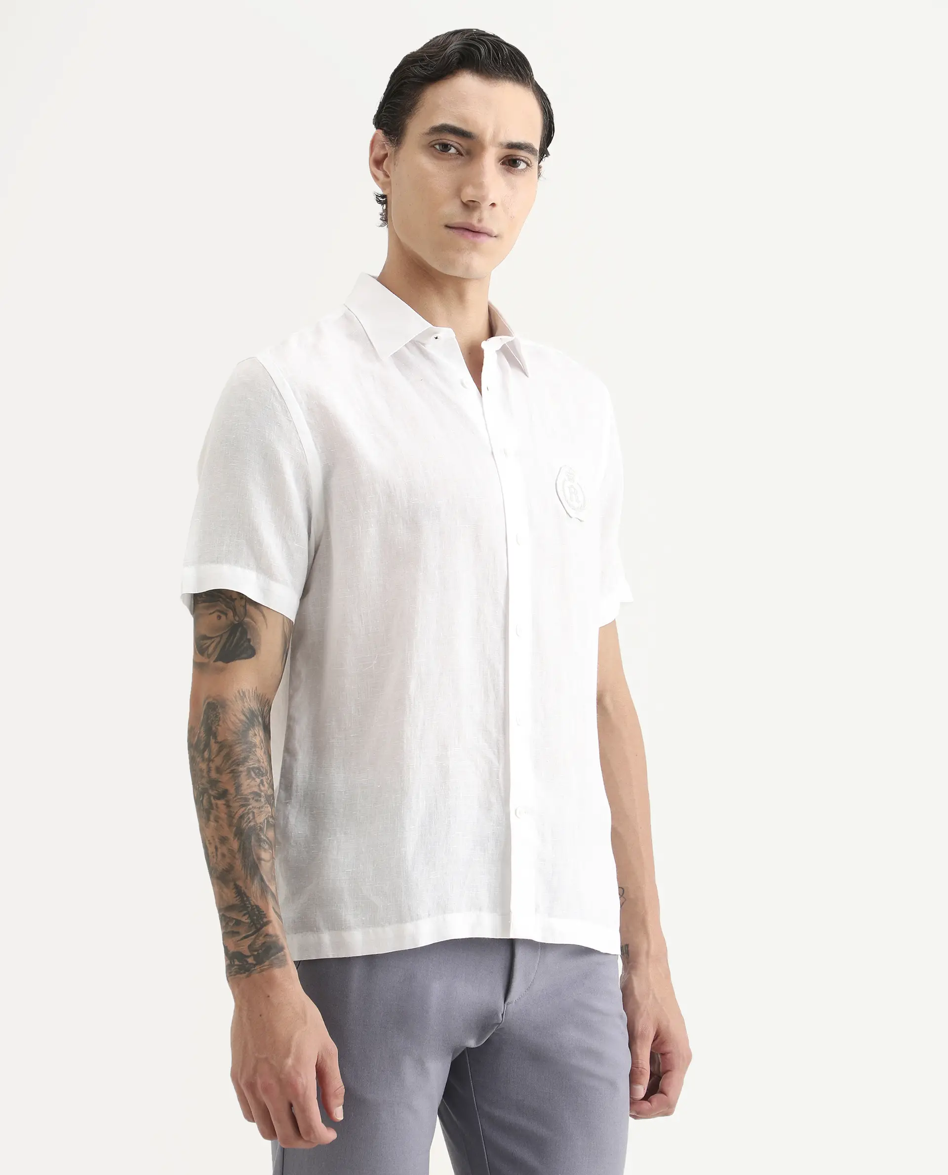 Rare Rabbit Men's Cine Ss White Linen Blend Fabric Half Sleeve Spread Collar Regular Fit Plain Shirt - Image 5