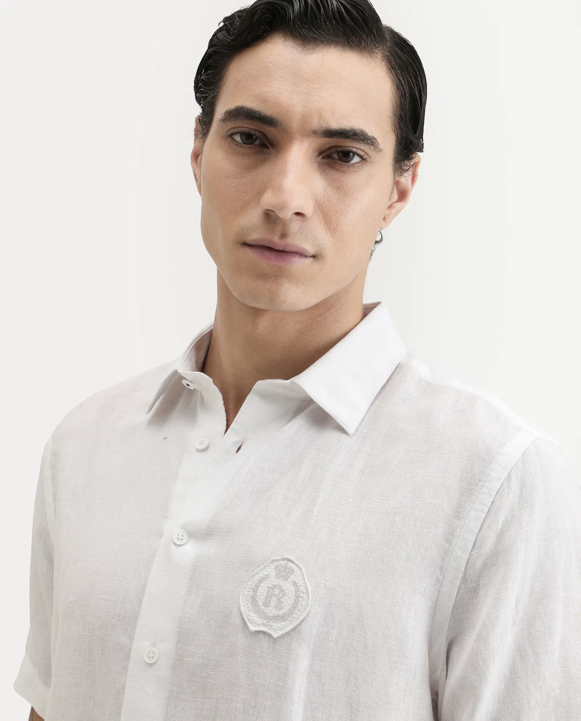 Rare Rabbit Men's Cine Ss White Linen Blend Fabric Half Sleeve Spread Collar Regular Fit Plain Shirt - Image 6