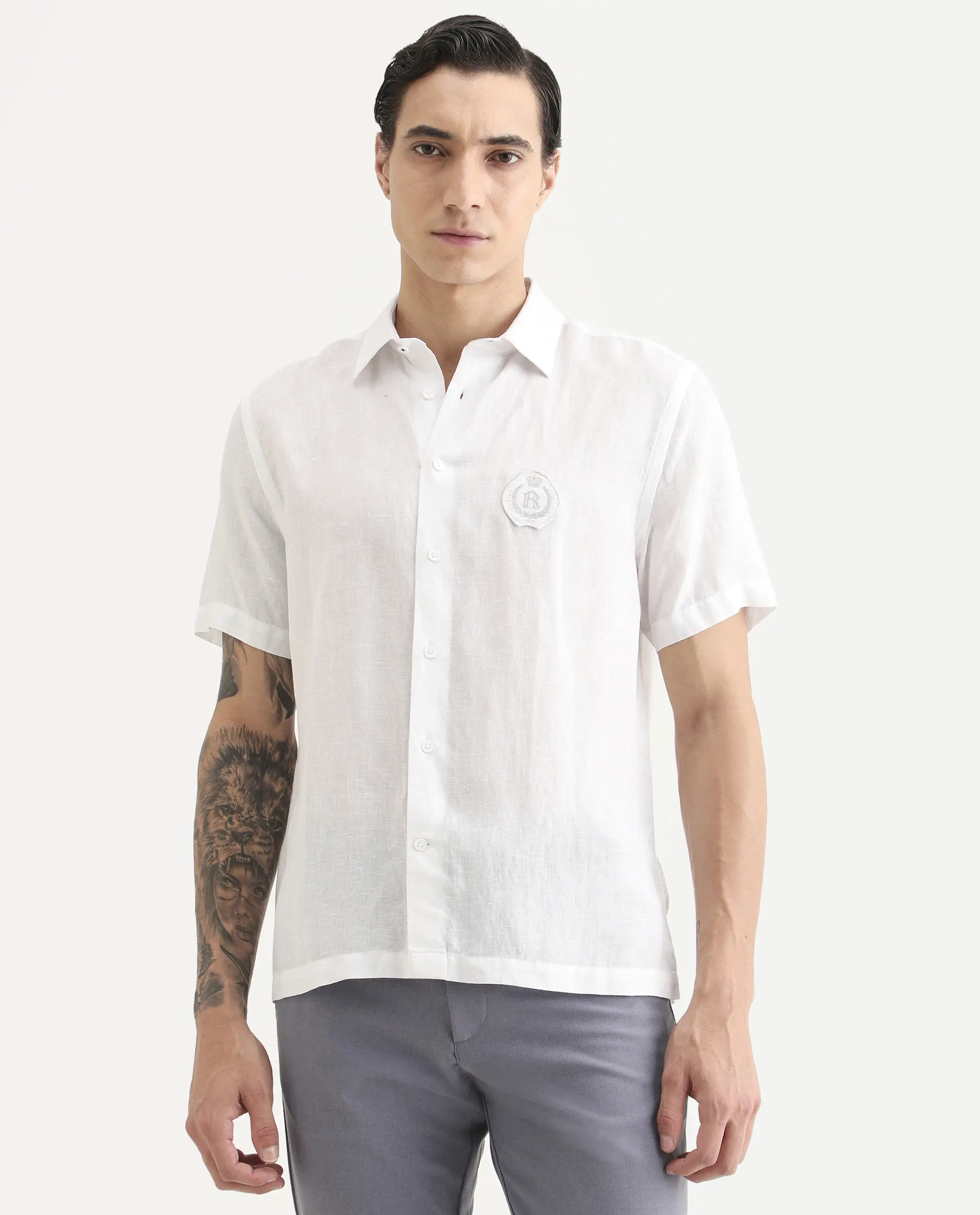 Rare Rabbit Men's Cine Ss White Linen Blend Fabric Half Sleeve Spread Collar Regular Fit Plain Shirt - Image 7
