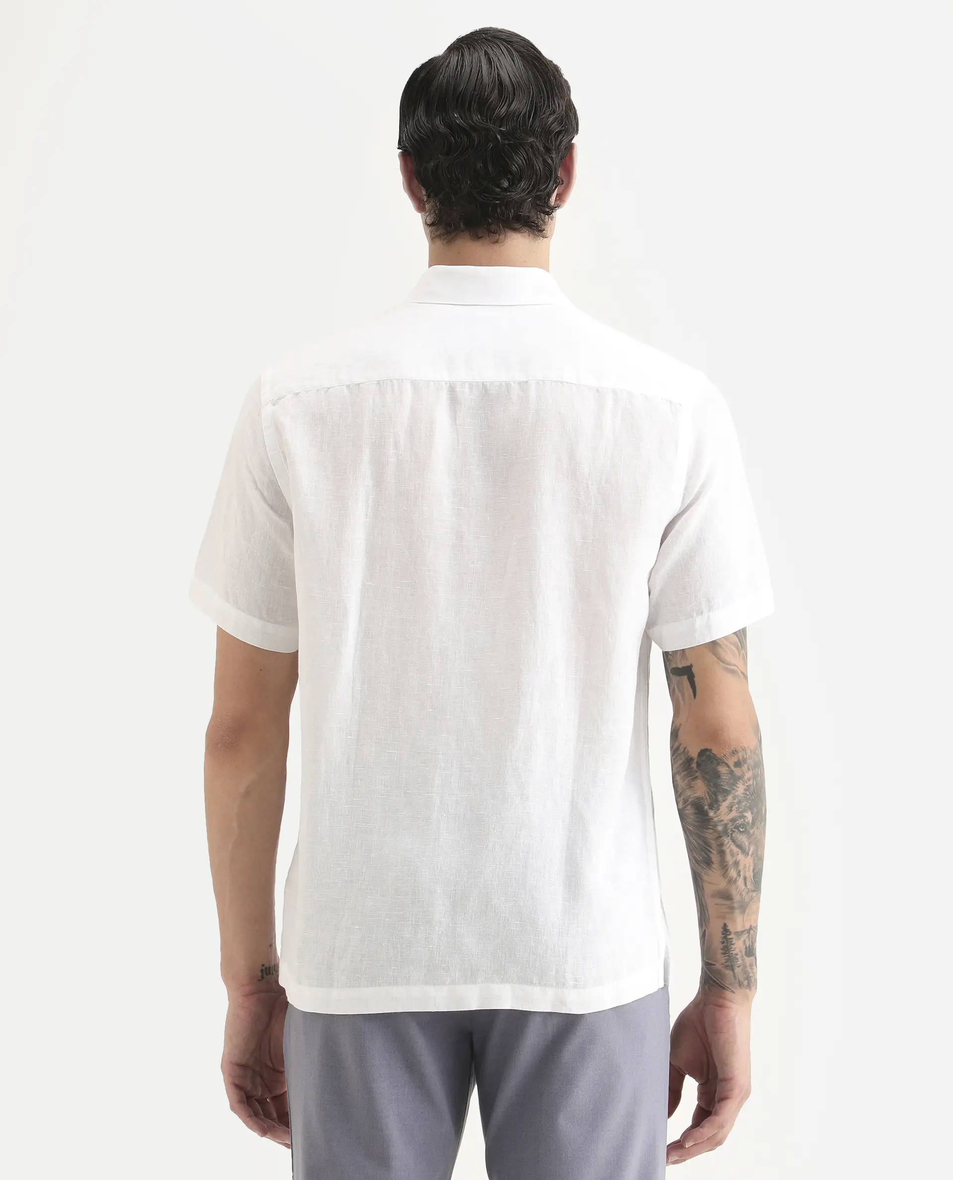 Rare Rabbit Men's Cine Ss White Linen Blend Fabric Half Sleeve Spread Collar Regular Fit Plain Shirt - Image 8