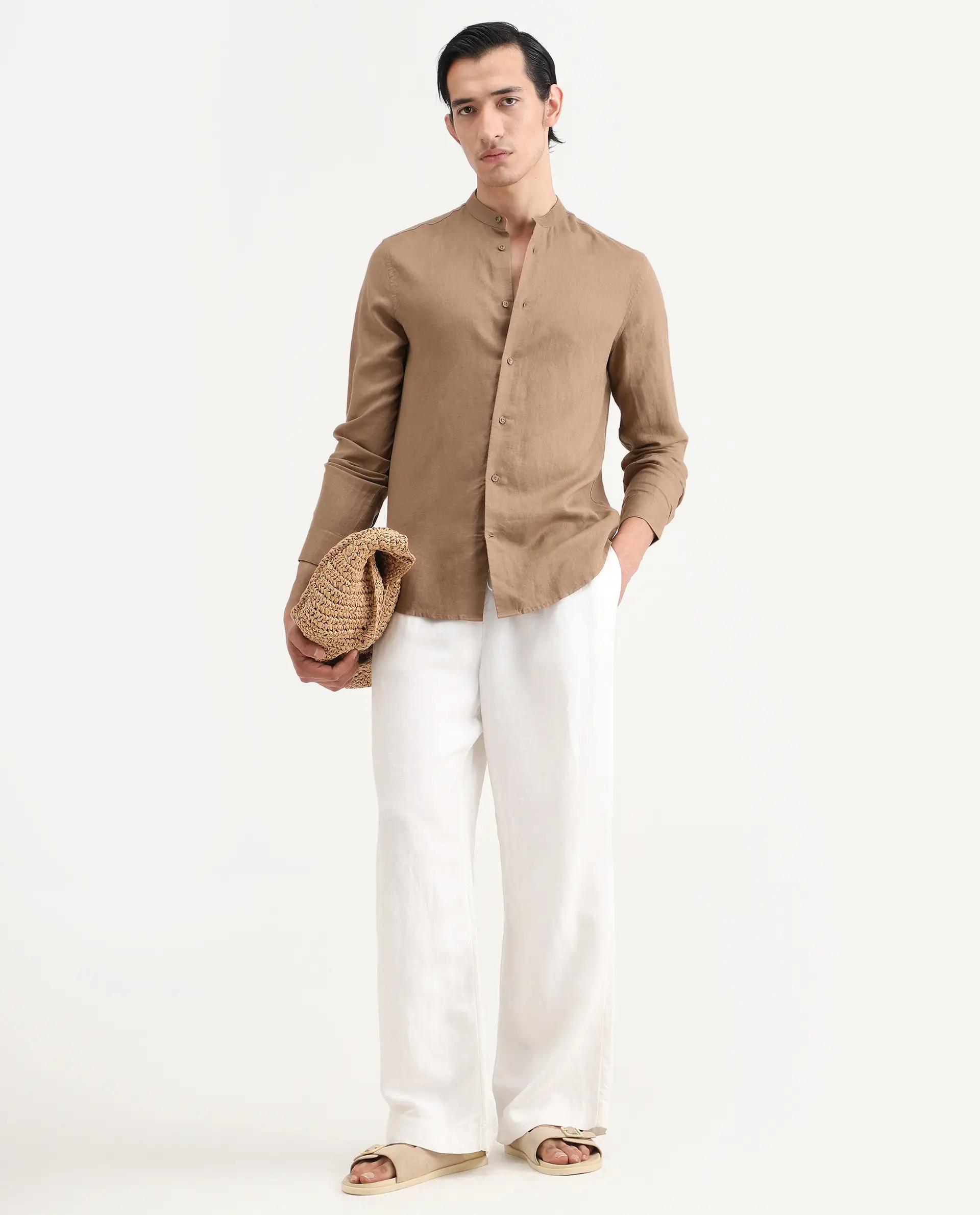 Rare Rabbit Men's Cinex 26 Light Brown Linen Blend Fabric Full Sleeve Regular Fit Plain Shirt - Image 2