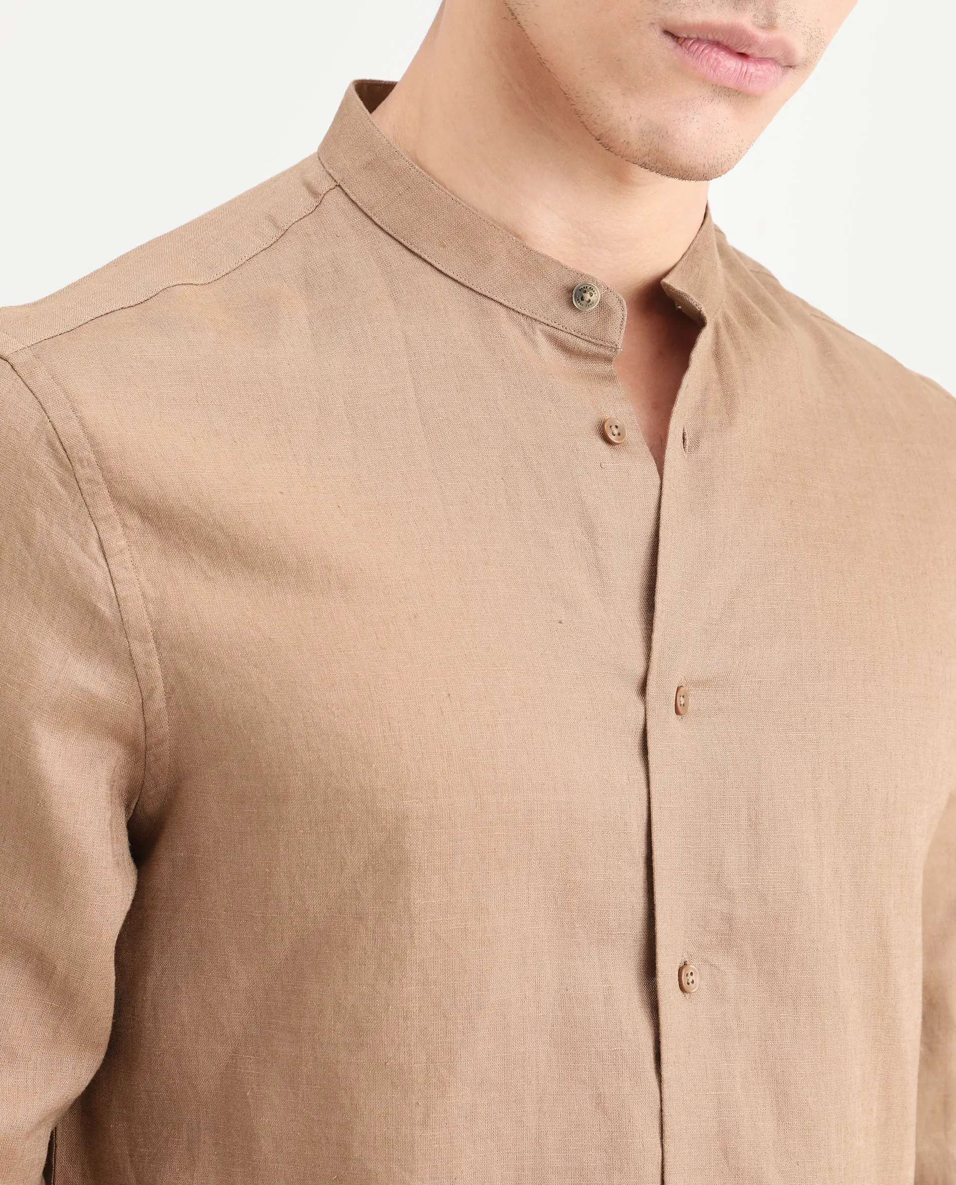 Rare Rabbit Men's Cinex 26 Light Brown Linen Blend Fabric Full Sleeve Regular Fit Plain Shirt - Image 3