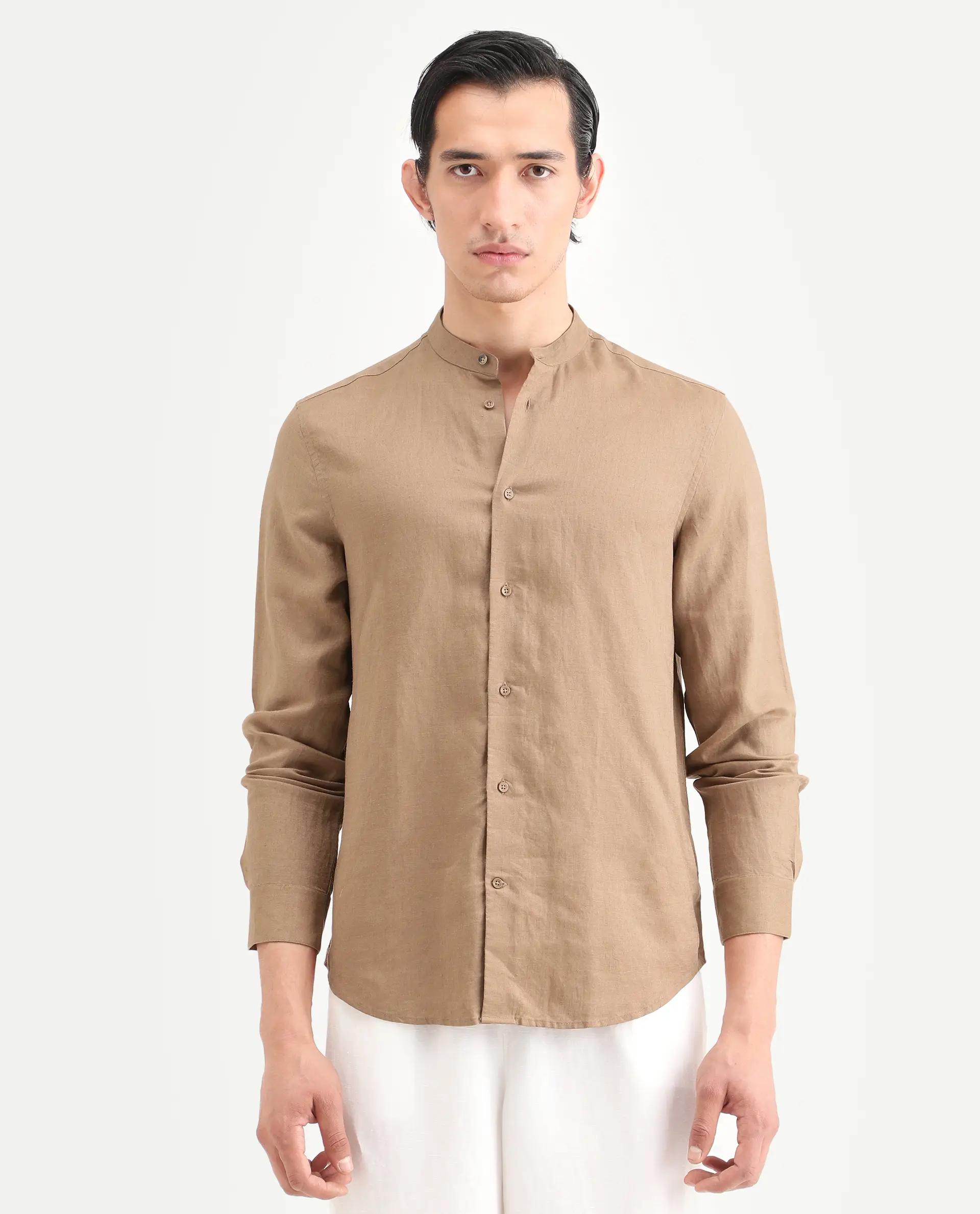 Rare Rabbit Men's Cinex 26 Light Brown Linen Blend Fabric Full Sleeve Regular Fit Plain Shirt - Image 4