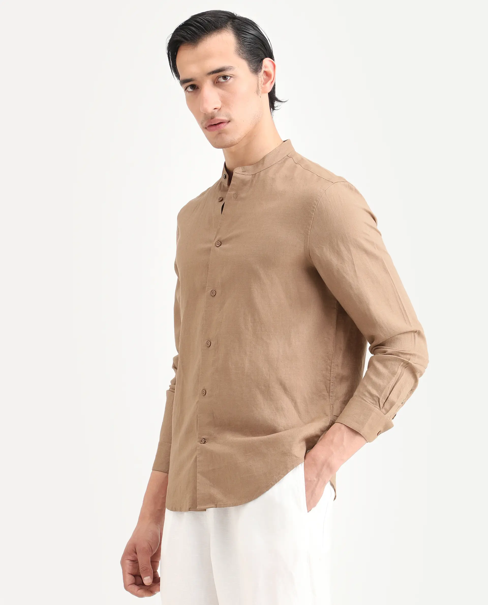 Rare Rabbit Men's Cinex 26 Light Brown Linen Blend Fabric Full Sleeve Regular Fit Plain Shirt - Image 5
