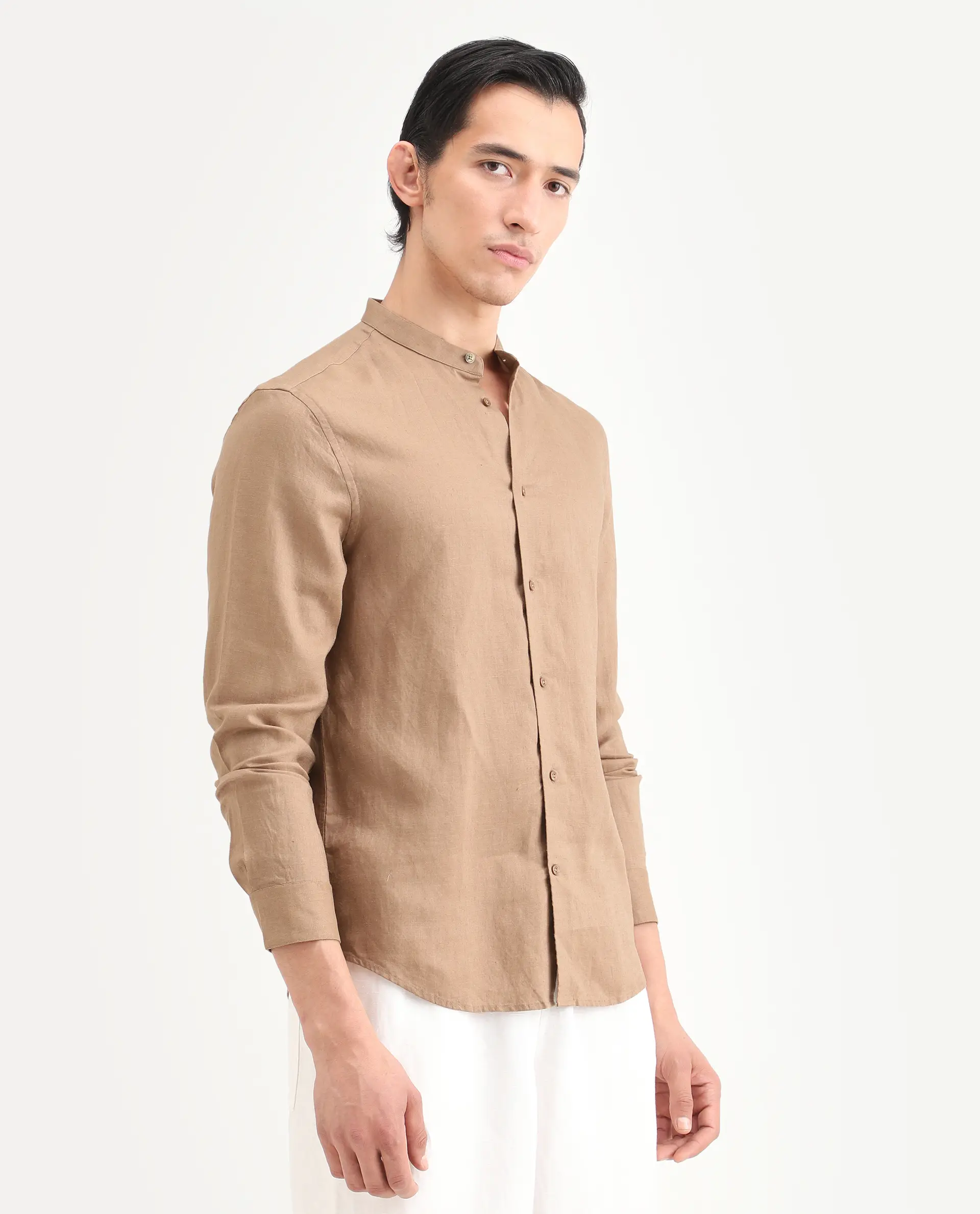 Rare Rabbit Men's Cinex 26 Light Brown Linen Blend Fabric Full Sleeve Regular Fit Plain Shirt - Image 6