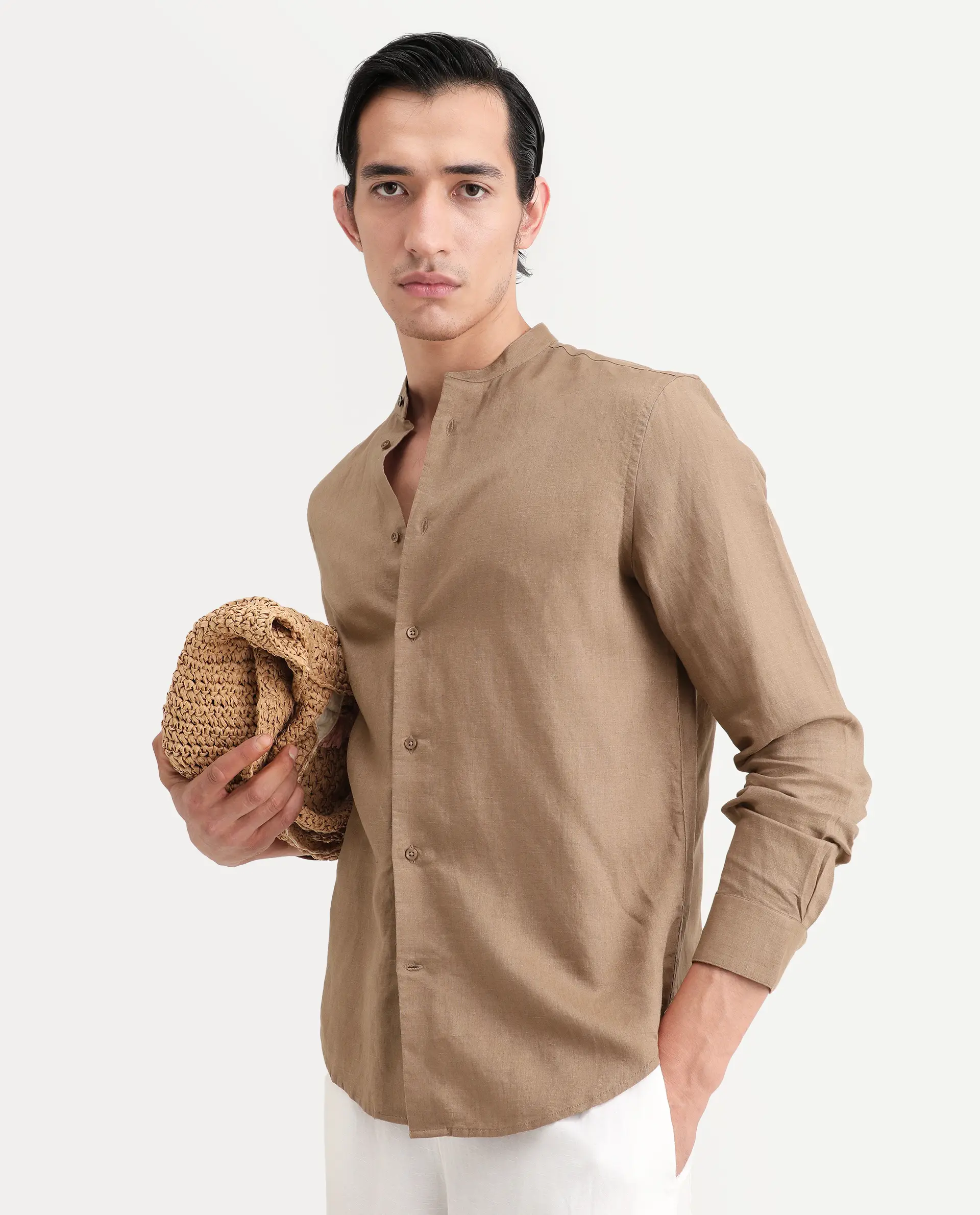 Rare Rabbit Men's Cinex 26 Light Brown Linen Blend Fabric Full Sleeve Regular Fit Plain Shirt - Image 7